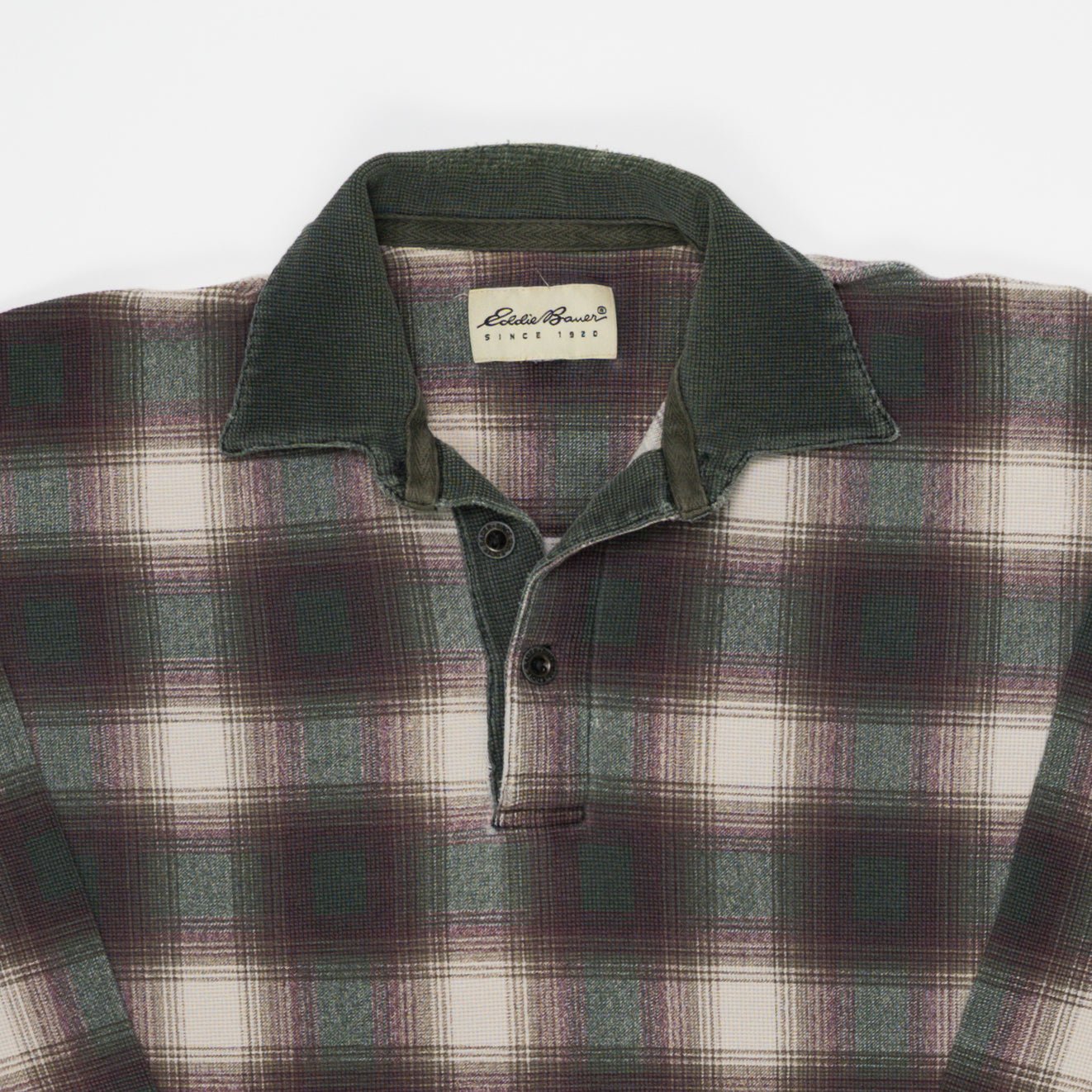 Vintage Eddie Bauer Green + Maroon Plaid 1/4 Button Long Sleeve (L) | Rebalance Vintage.