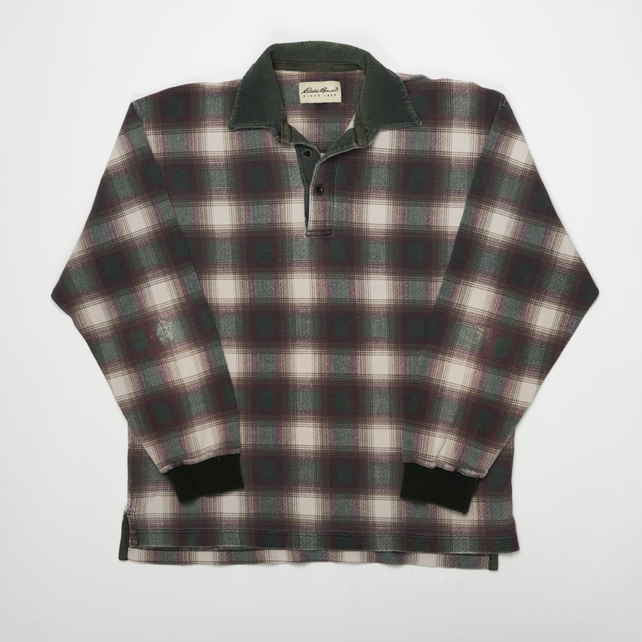 Vintage Eddie Bauer Green + Maroon Plaid 1/4 Button Long Sleeve (L) | Rebalance Vintage.