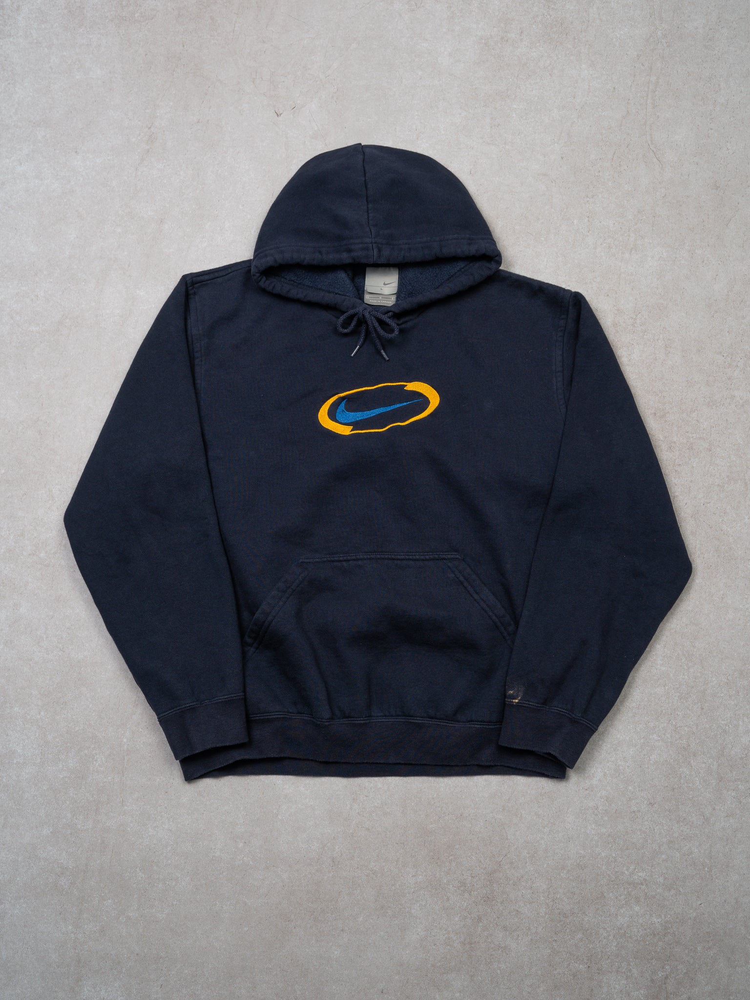 Vintage 00s Navy + Yellow Center Check Hoodie (L)