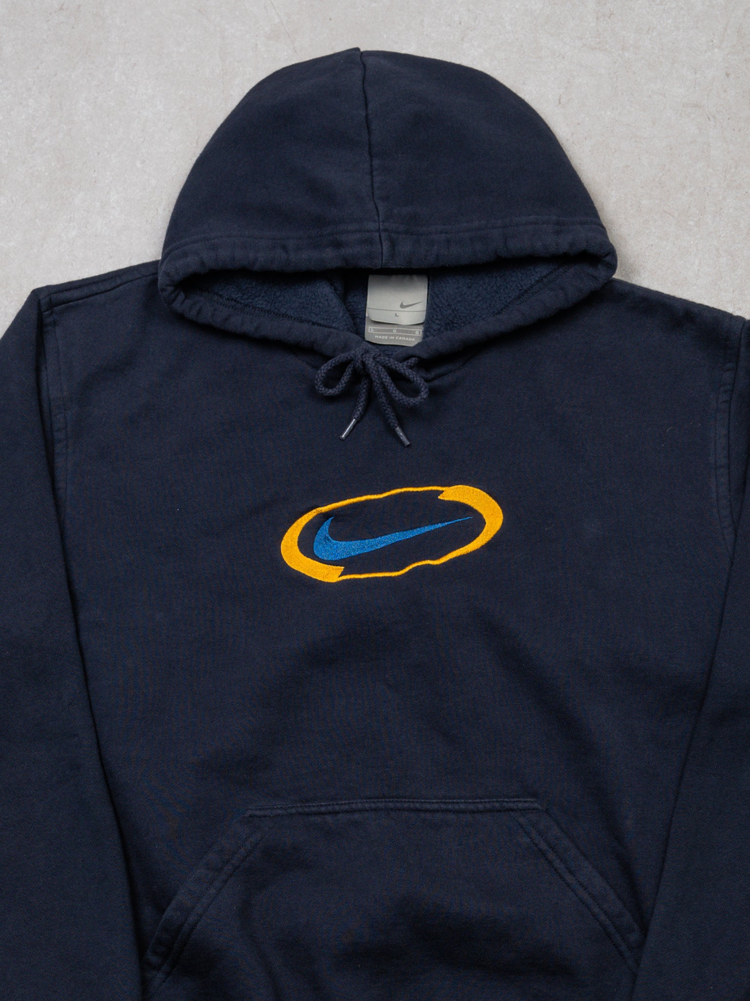 Vintage 00s Navy + Yellow Center Check Hoodie (L)