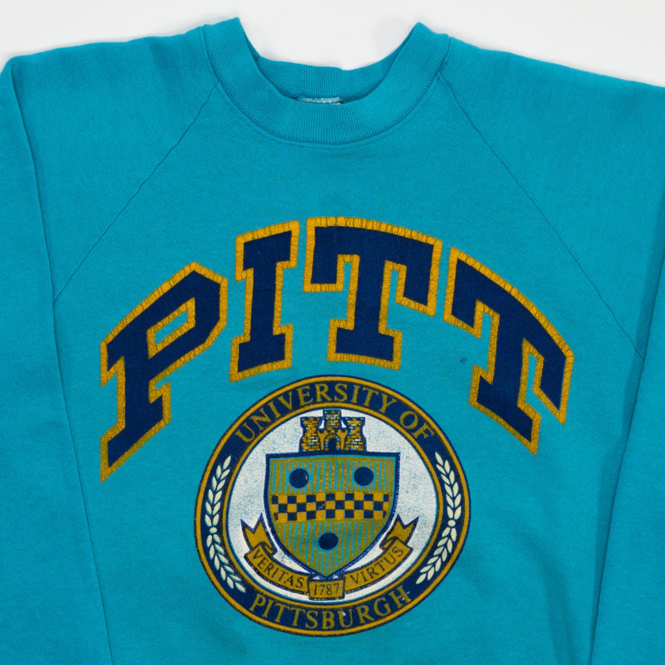 Vintage 80s Teal PITT Crest Crewneck (S) | Rebalance Vintage.
