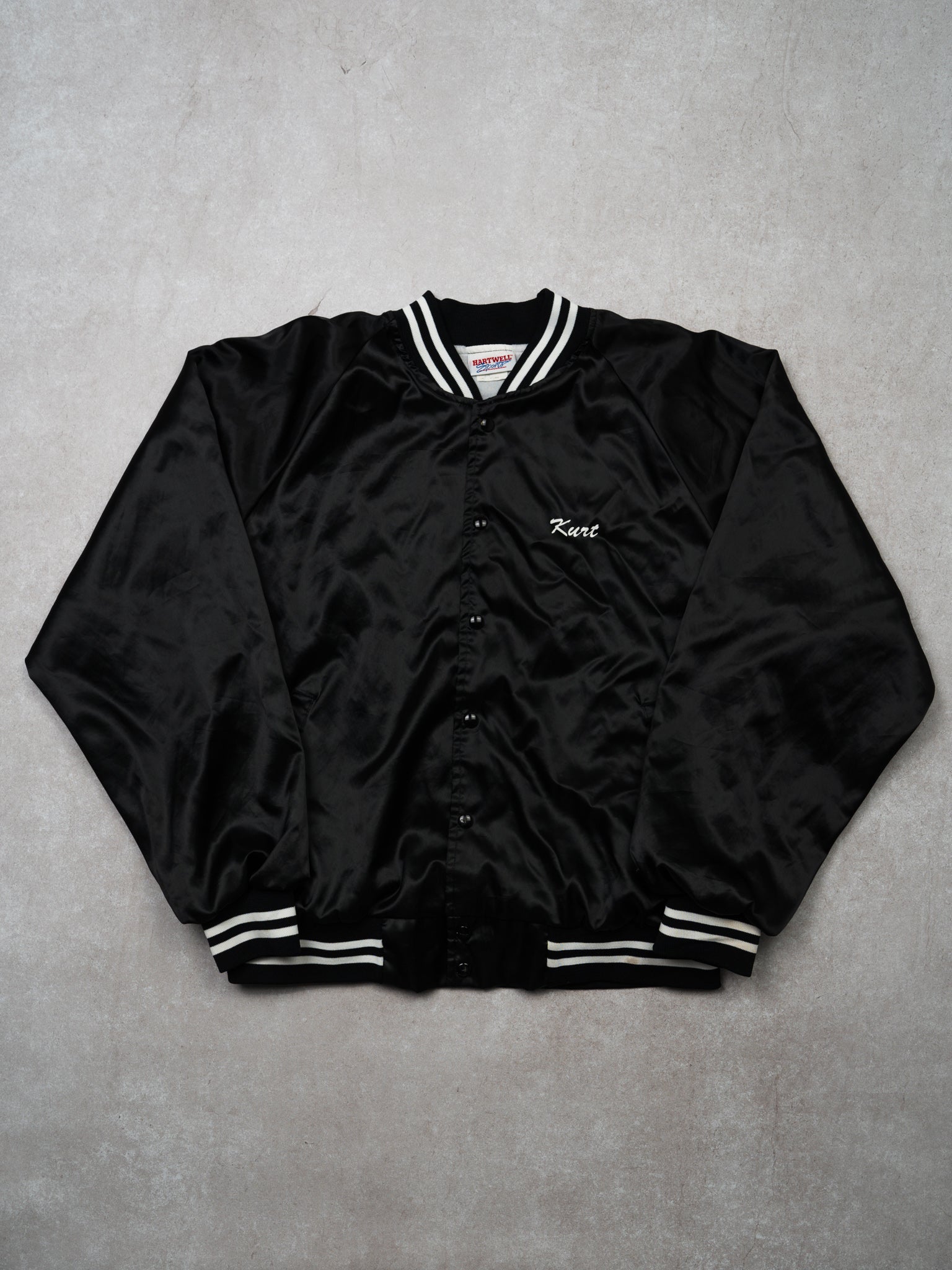 Vintage 70s Black + White Timblin Transit Satin Bomber (L/XL)