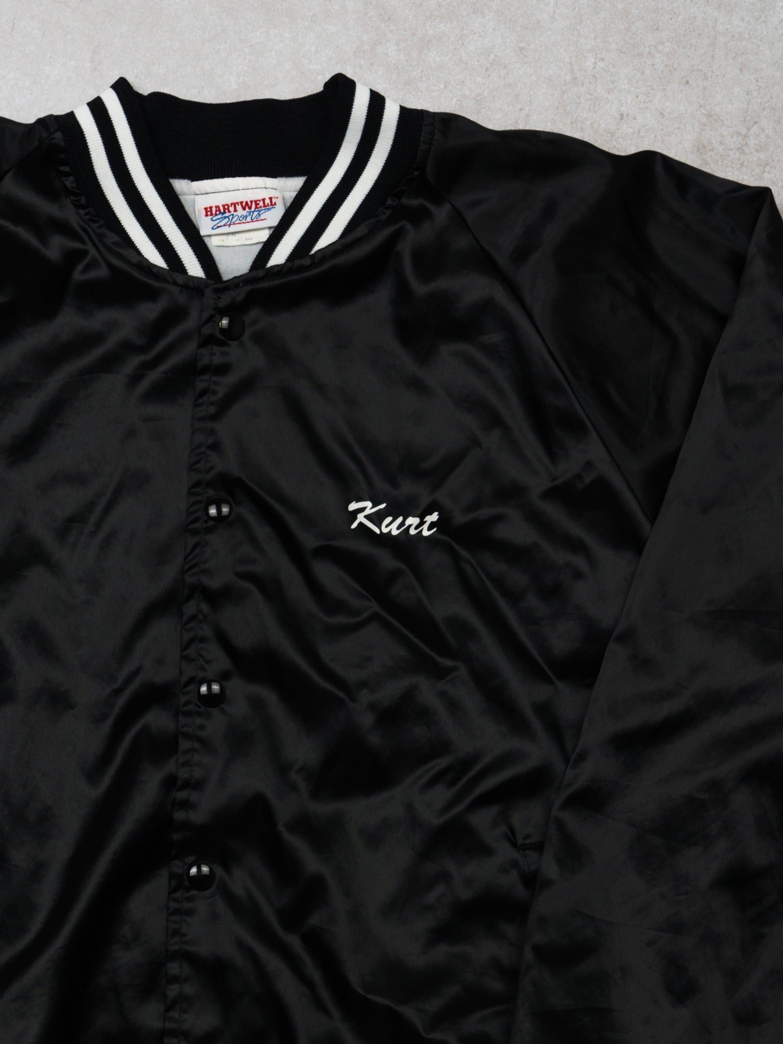 Vintage 70s Black + White Timblin Transit Satin Bomber (L/XL)