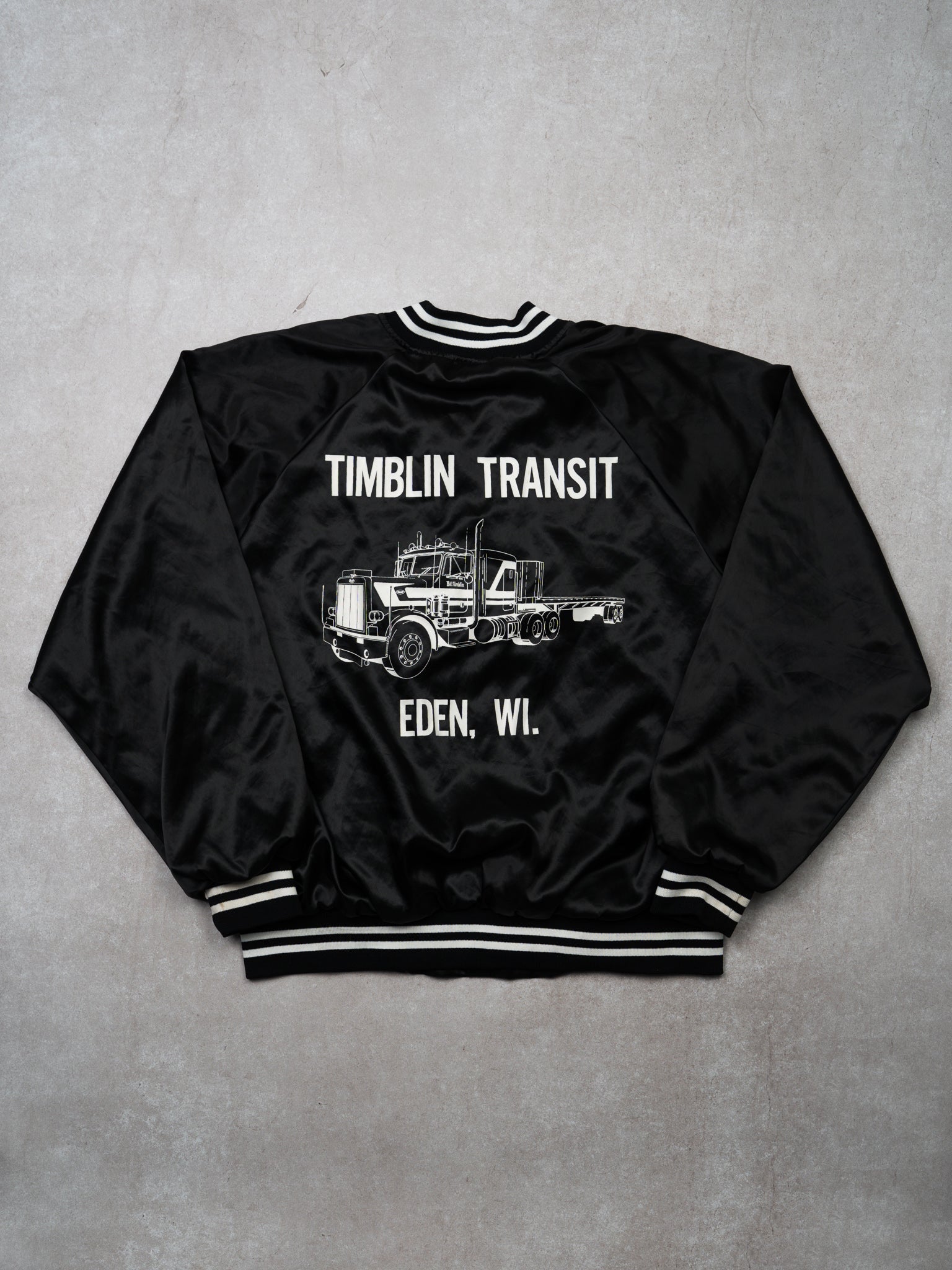 Vintage 70s Black + White Timblin Transit Satin Bomber (L/XL)