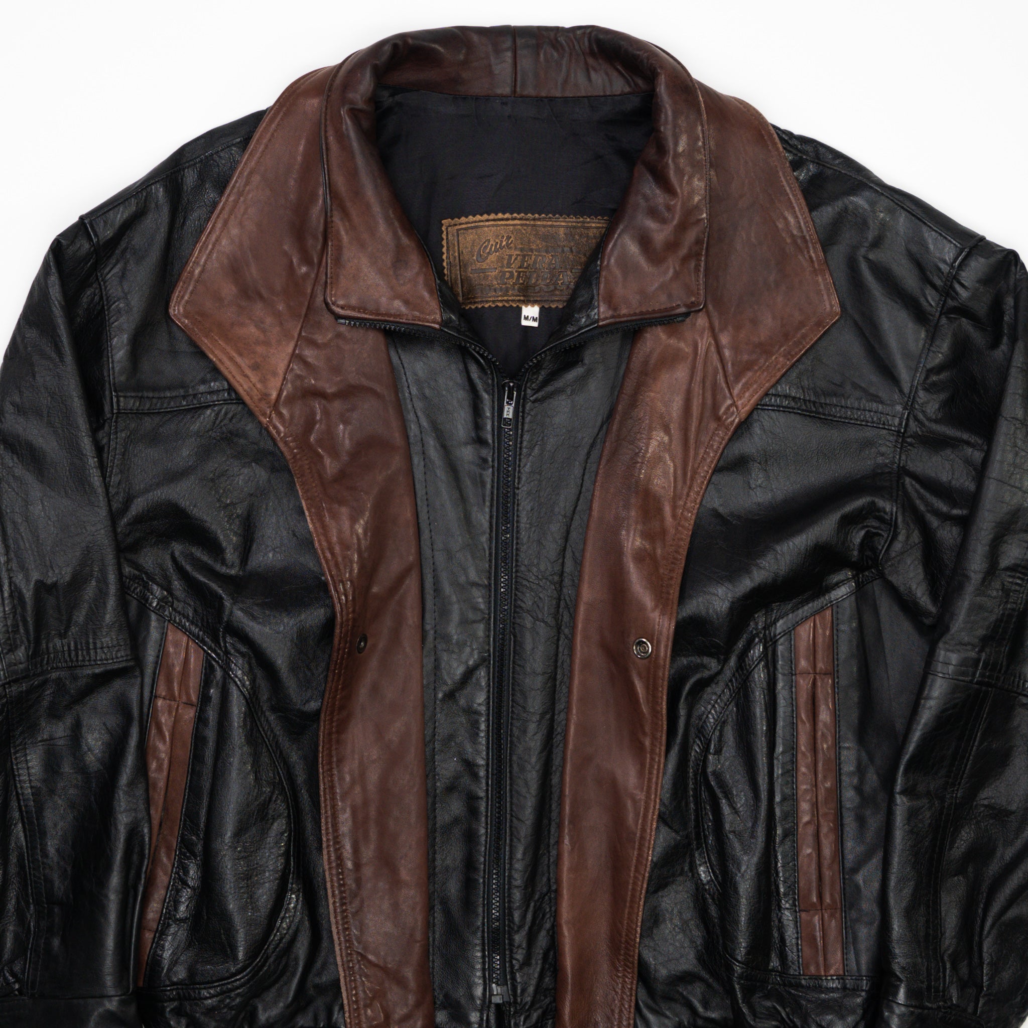 Vintage 80s Brown + Black Leather Bomber Jacket (L)