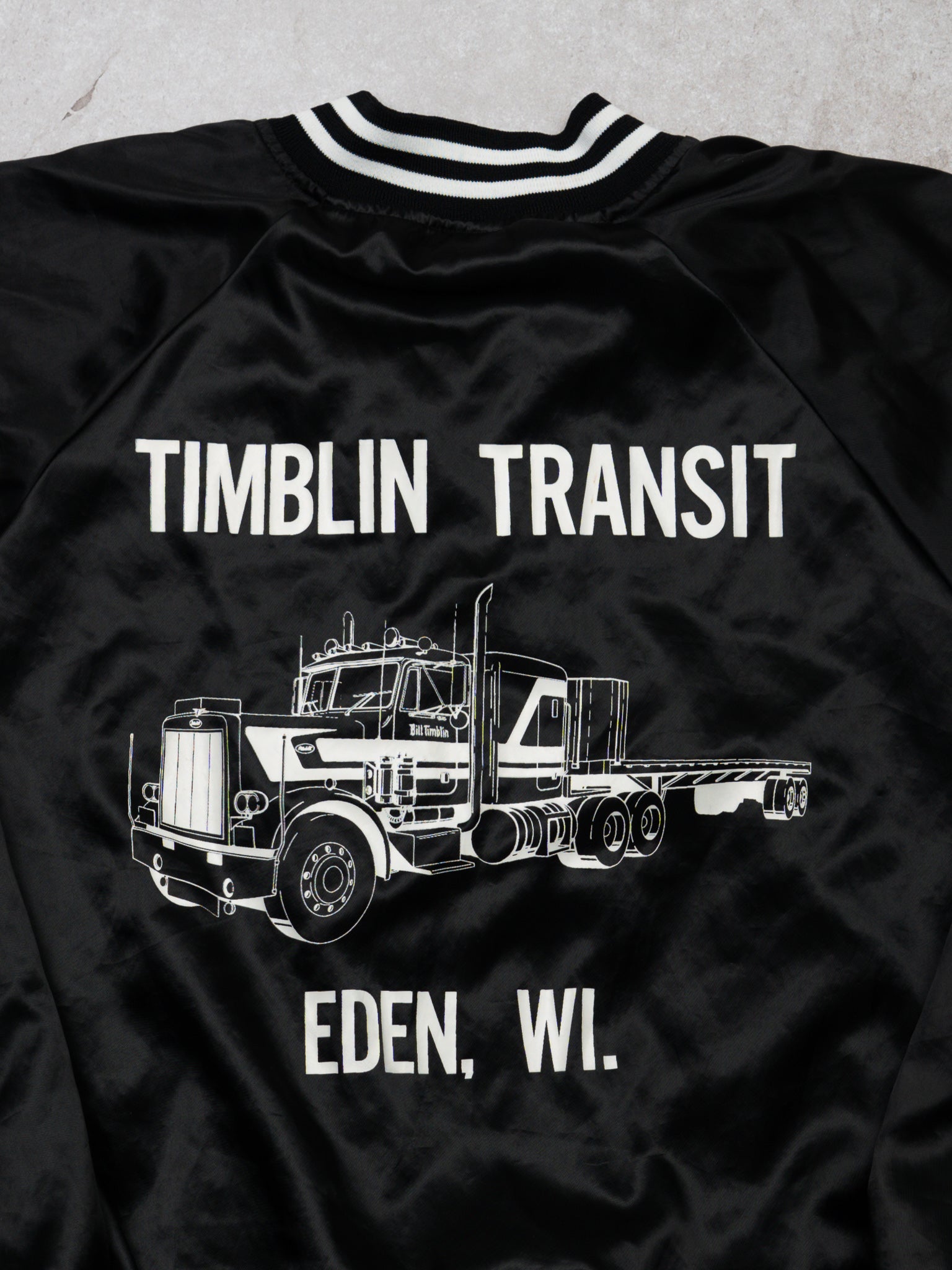 Vintage 70s Black + White Timblin Transit Satin Bomber (L/XL)