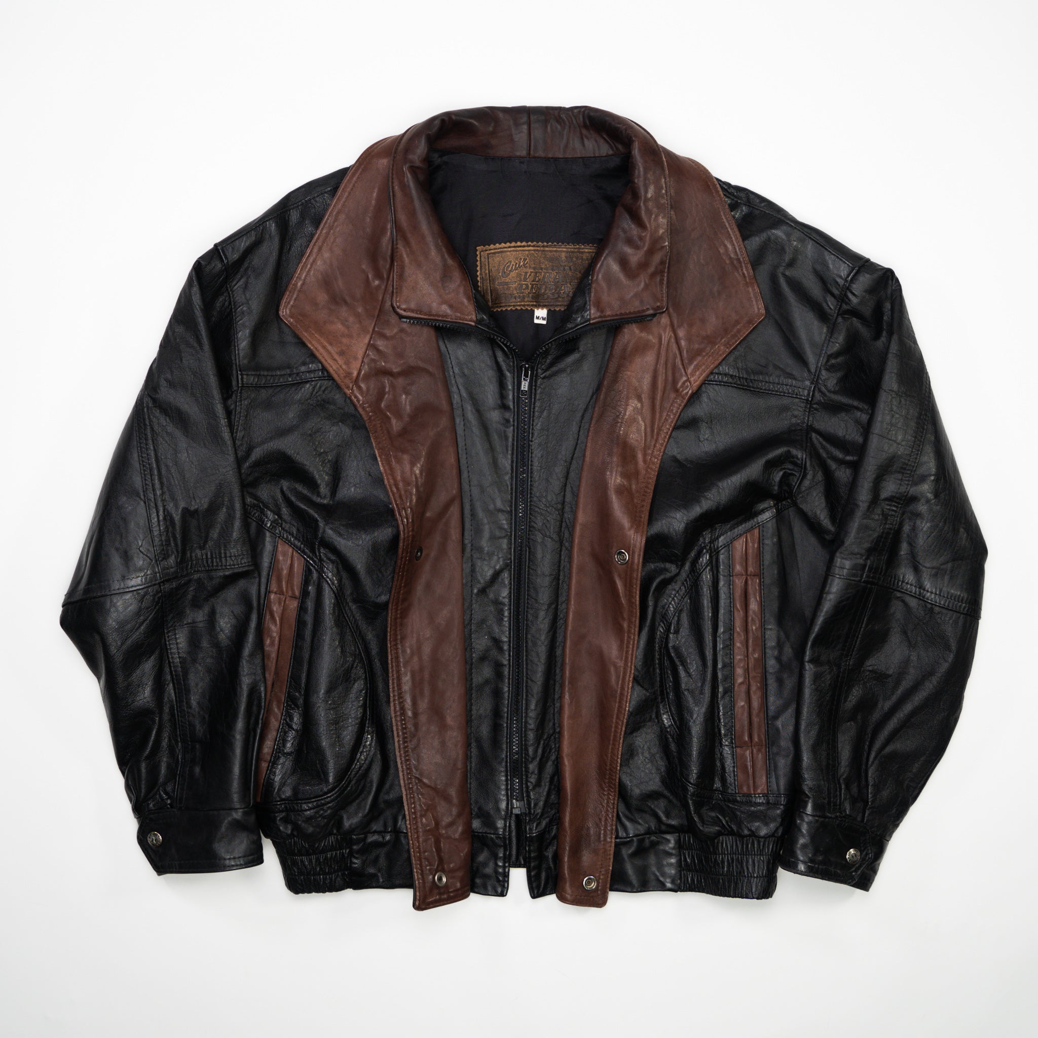 Vintage 80s Brown + Black Leather Bomber Jacket (L)