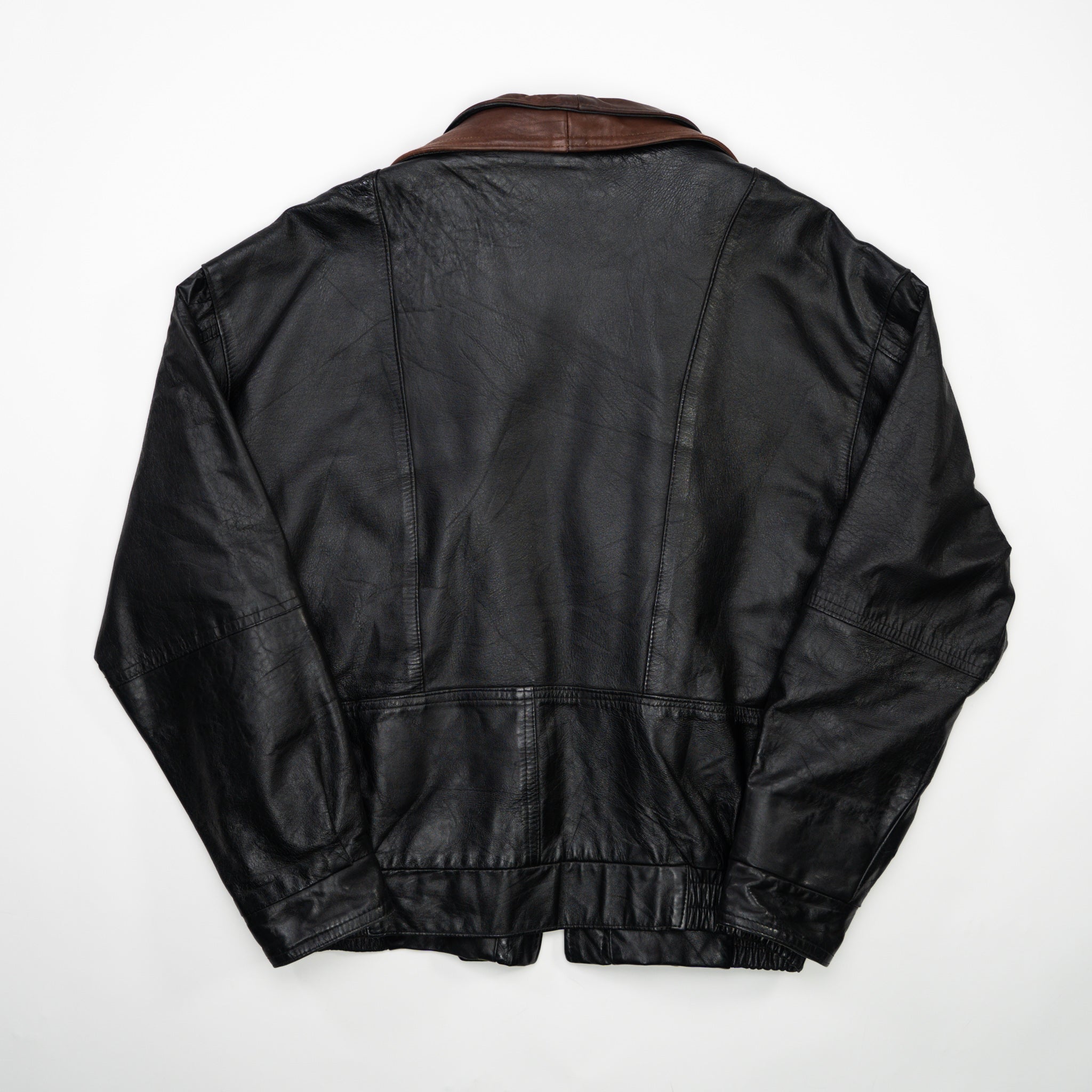 Vintage 80s Brown + Black Leather Bomber Jacket (L)