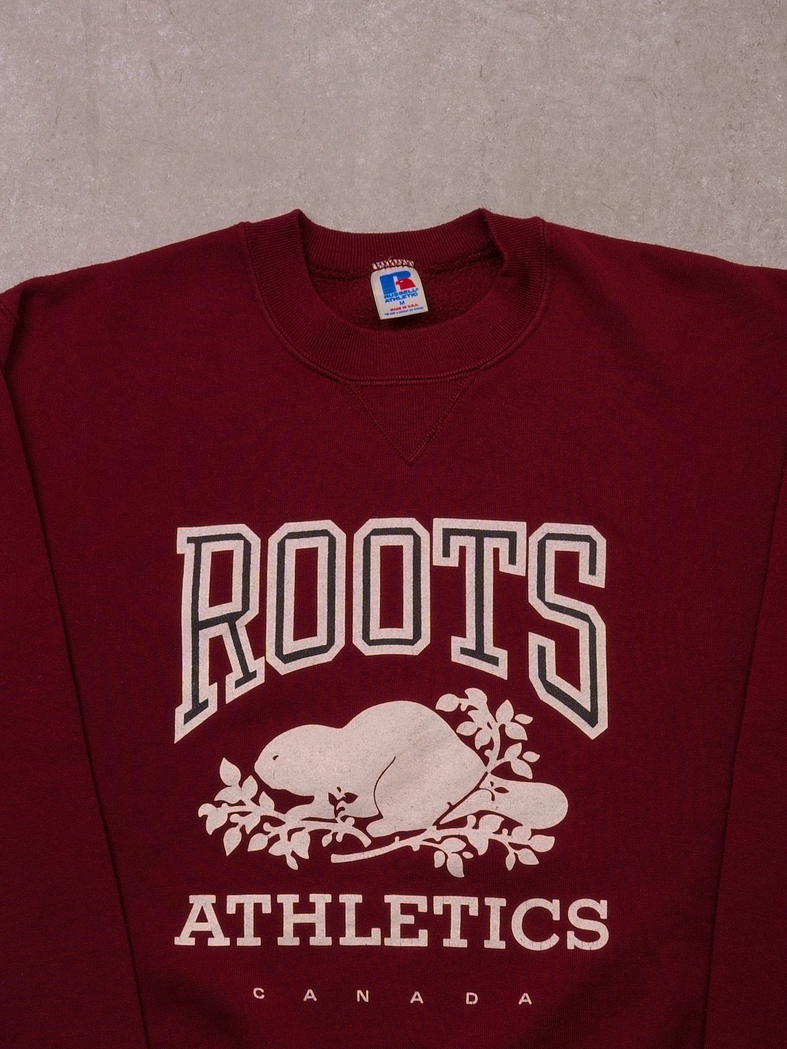 Vintage 90s Maroon Roots Athletics Canada X Russell Athletics Crewneck (M)
