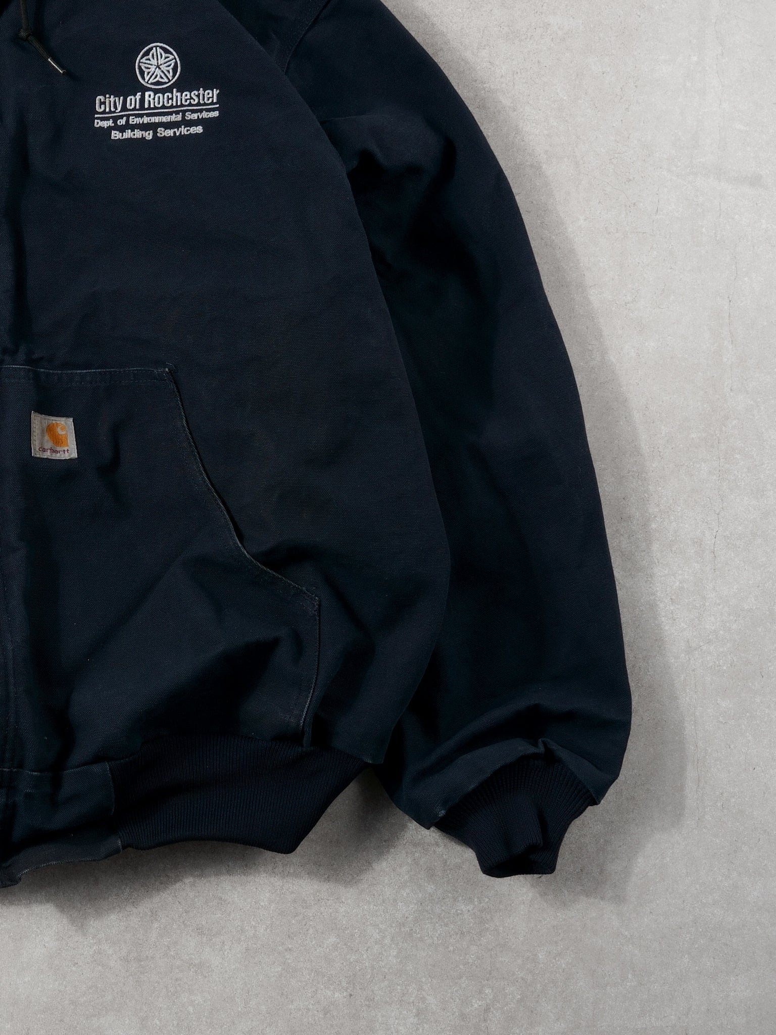 Vintage 90s Navy Blue City Of Rochester Environment Carhartt Workwear Hooded Jacket (L/XL)
