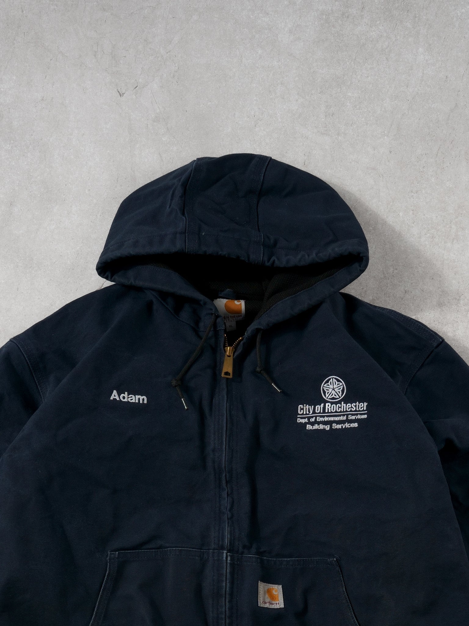 Vintage 90s Navy Blue City Of Rochester Environment Carhartt Workwear Hooded Jacket (L/XL)