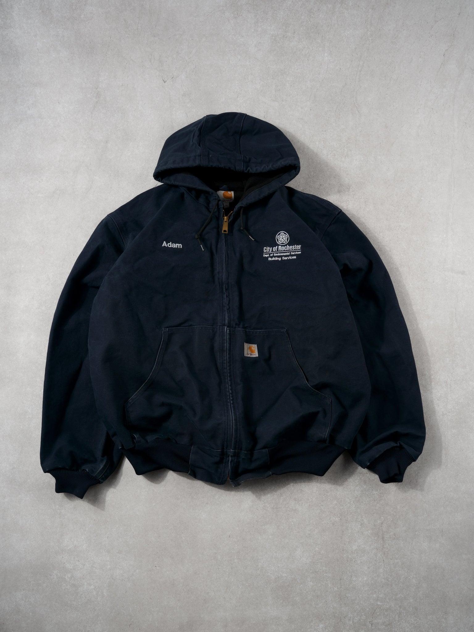 Vintage 90s Navy Blue City Of Rochester Environment Carhartt Workwear Hooded Jacket (L/XL)