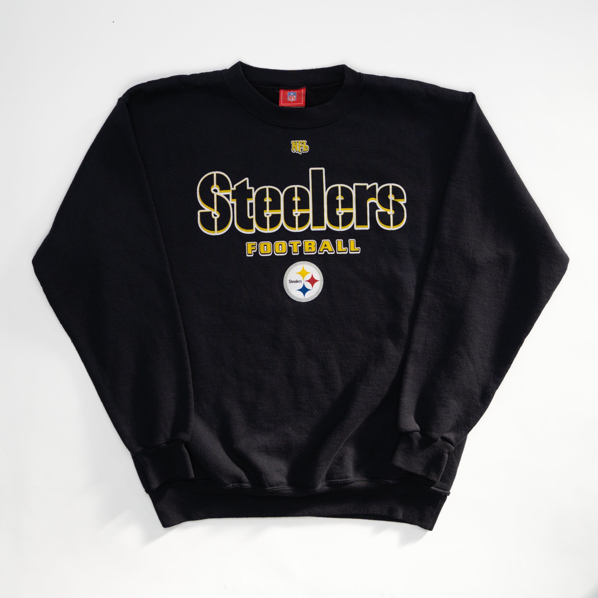 Vintage Black Steelers NFL Football Spellout Crewneck (M/L) | Rebalance Vintage.