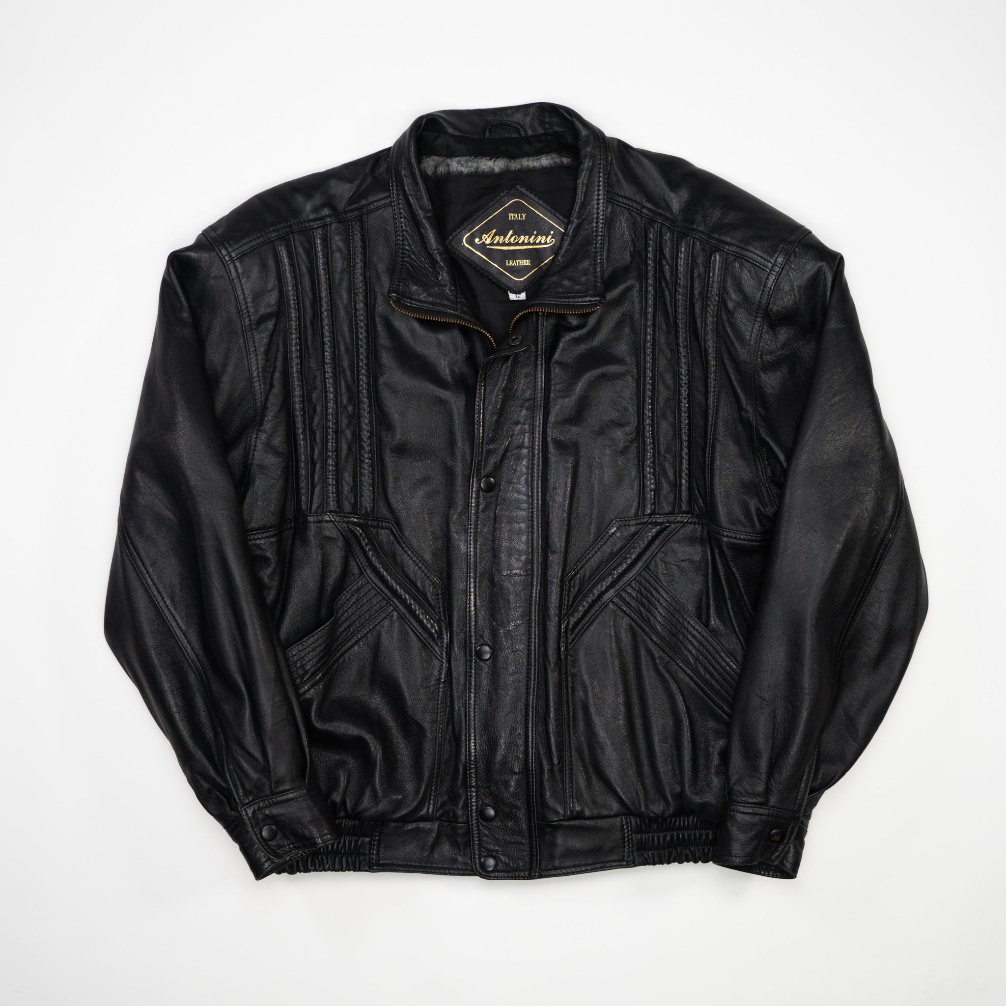 Vintage Black Textured Italian Leather Bomber Jacket (L)