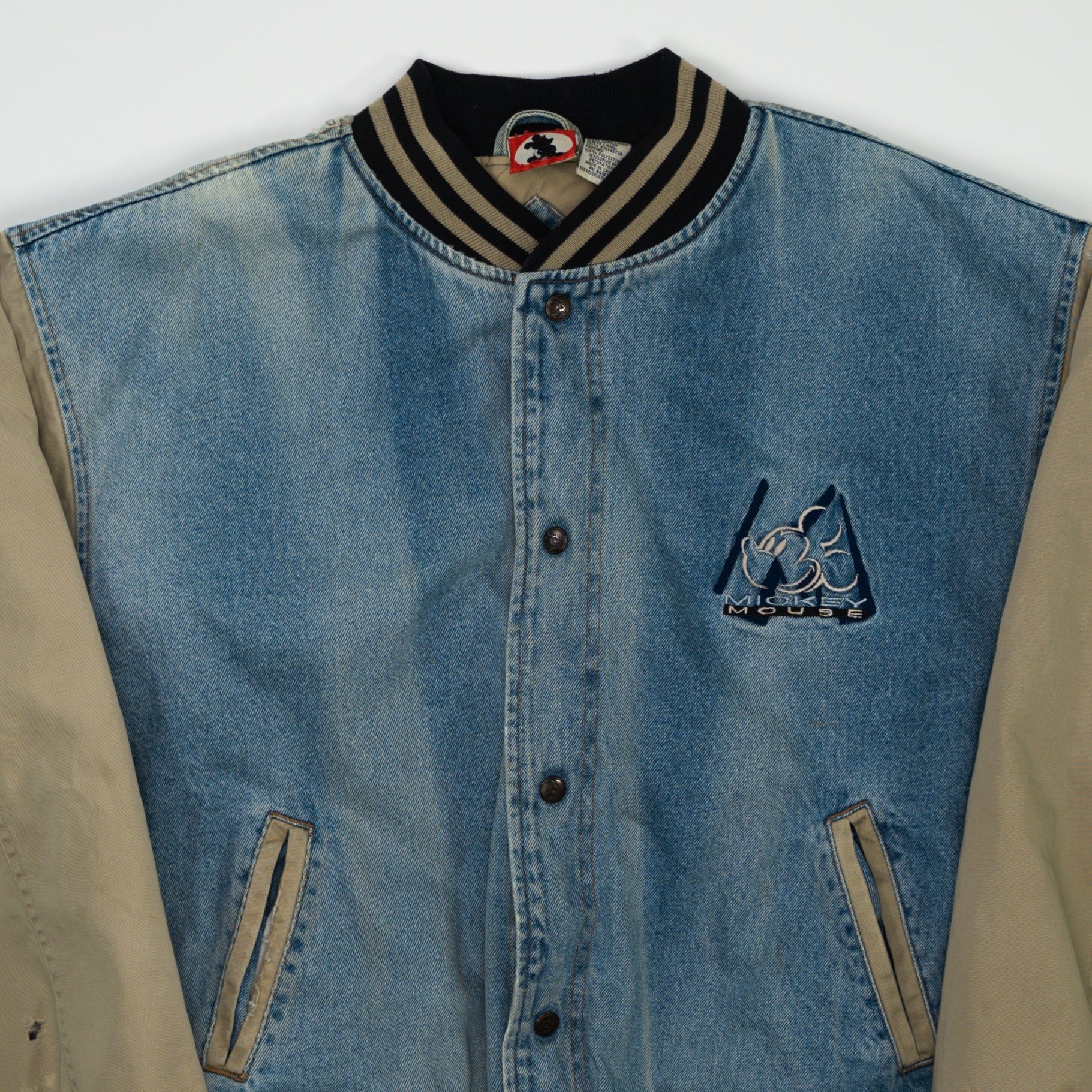 Vintage Blue Jean + Beige Mickey Mouse Varsity Jacket (L)