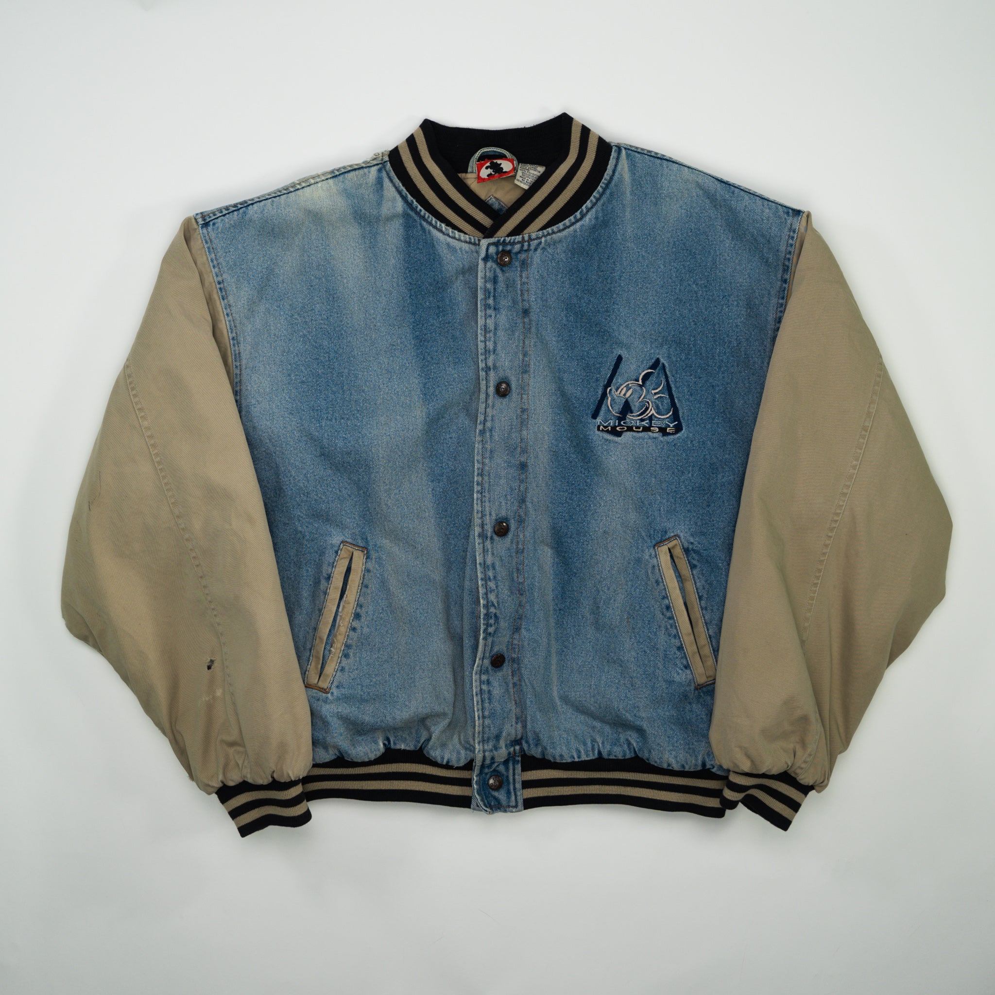 Vintage Blue Jean + Beige Mickey Mouse Varsity Jacket (L)