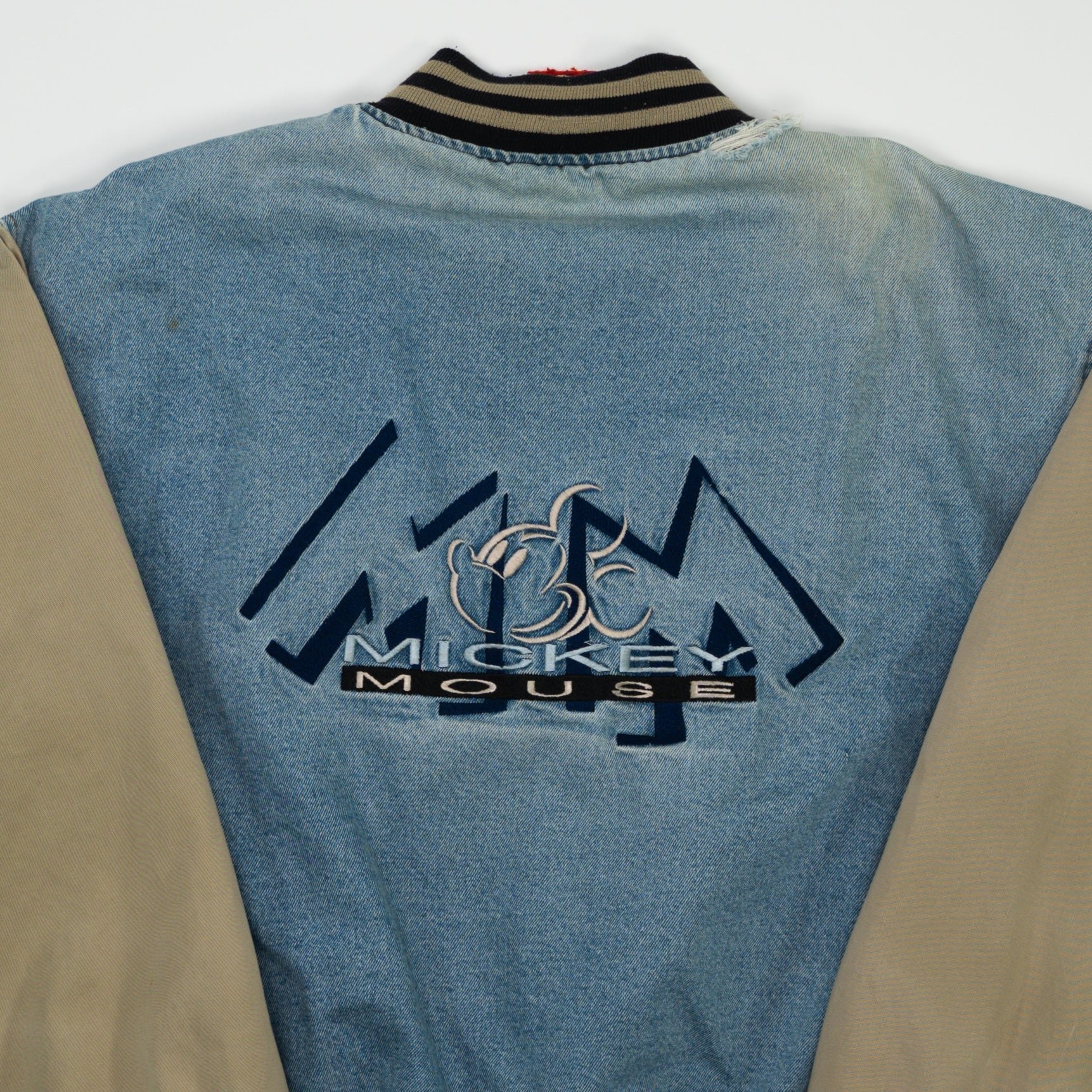 Vintage Blue Jean + Beige Mickey Mouse Varsity Jacket (L)