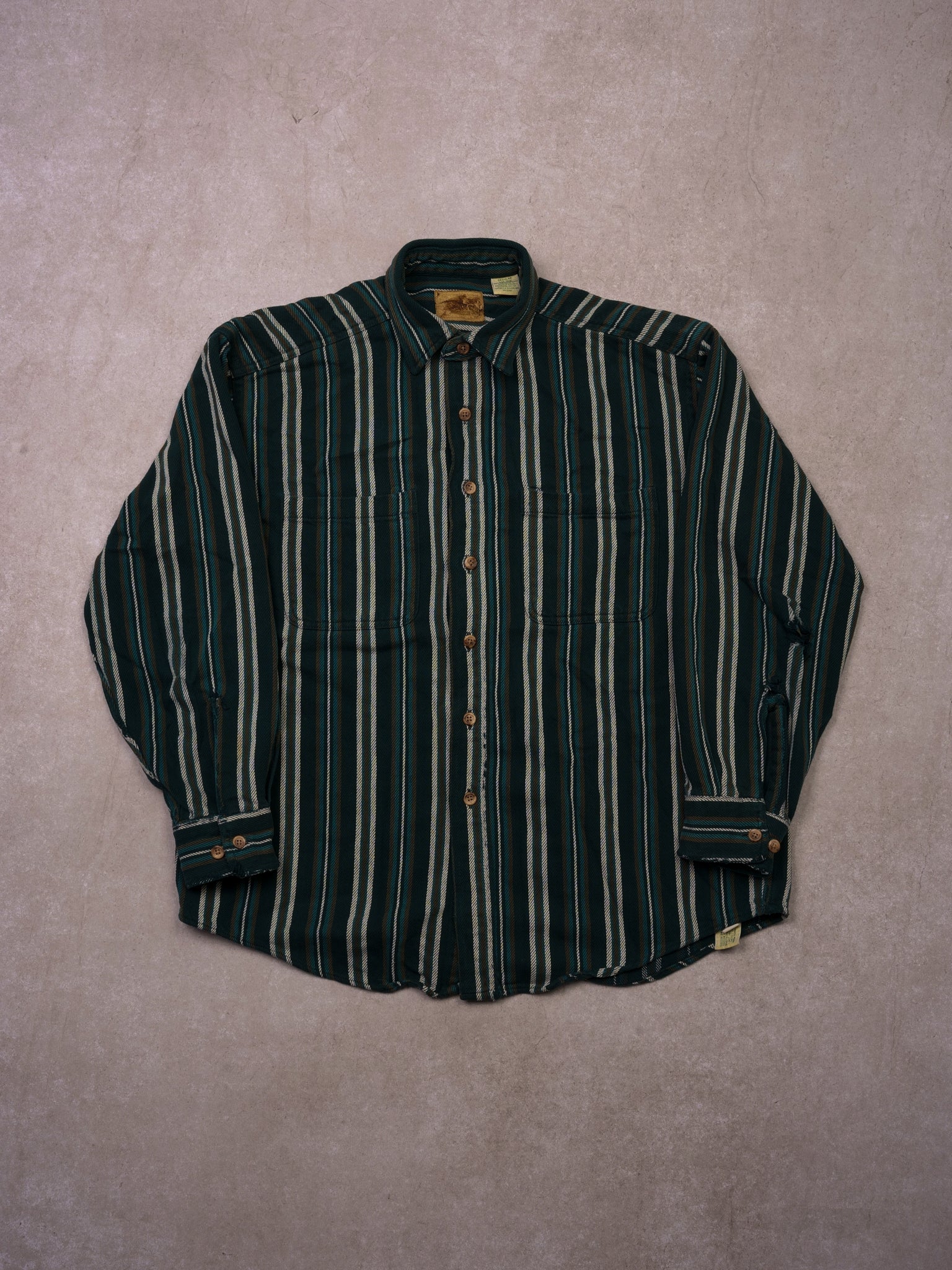 Vintage 90s Green, Brown, and White Stripe Collared Button Up (M/L)