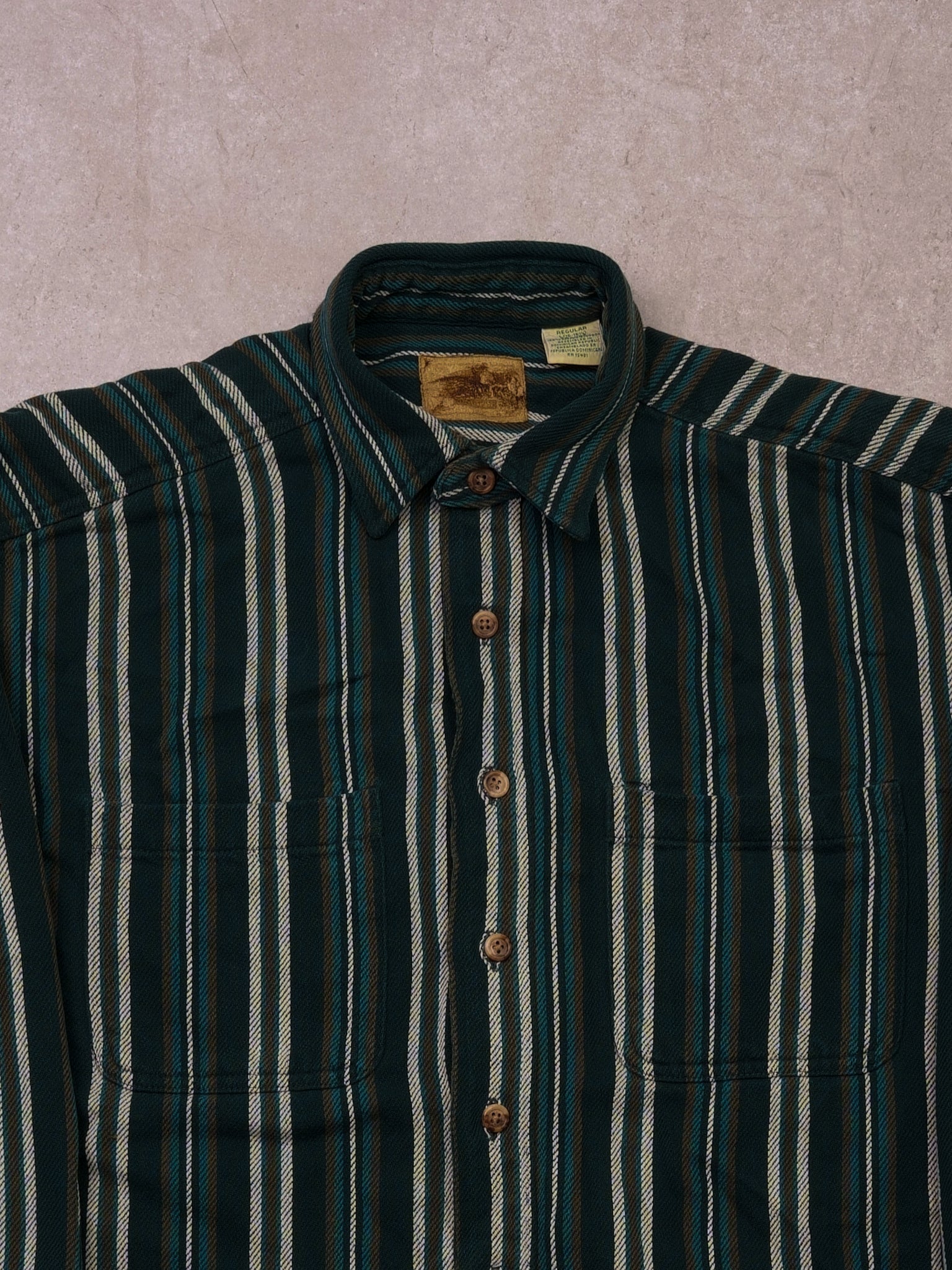 Vintage 90s Green, Brown, and White Stripe Collared Button Up (M/L)