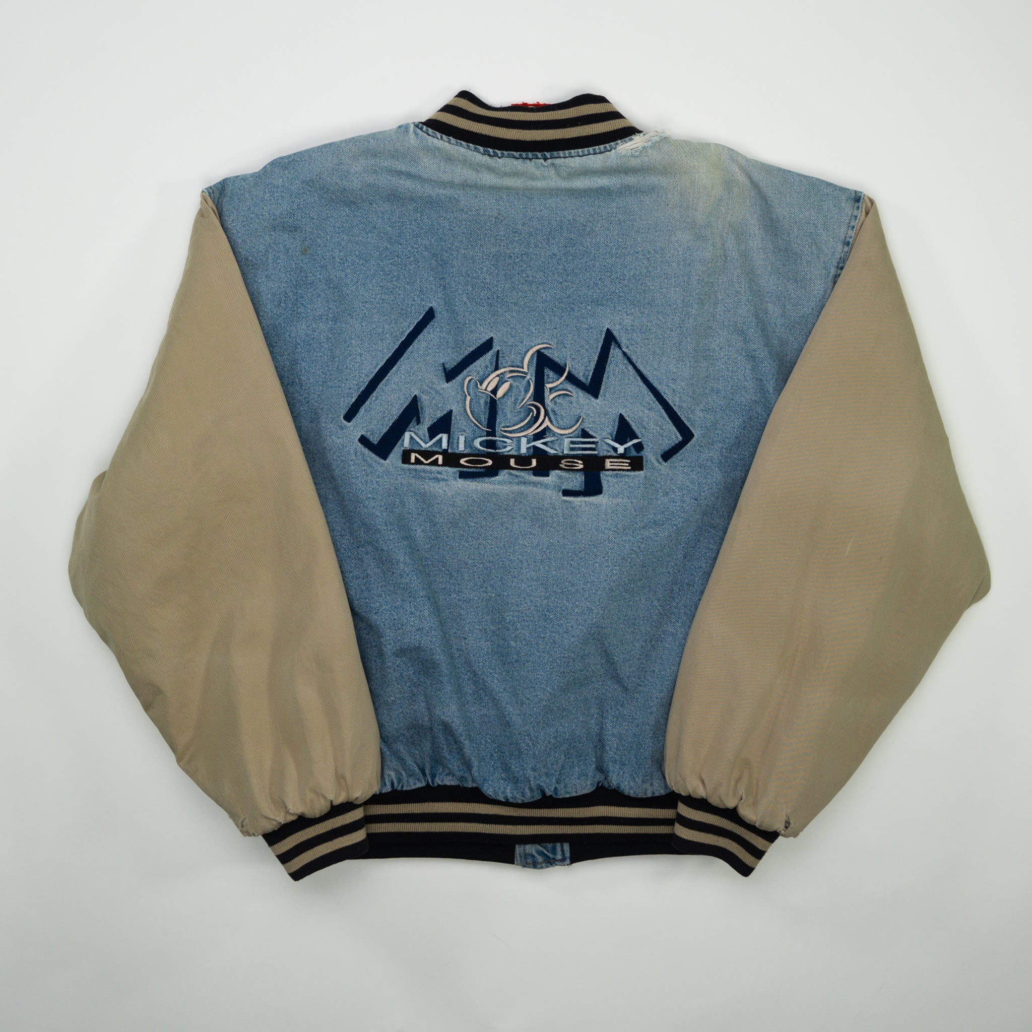 Vintage Blue Jean + Beige Mickey Mouse Varsity Jacket (L)