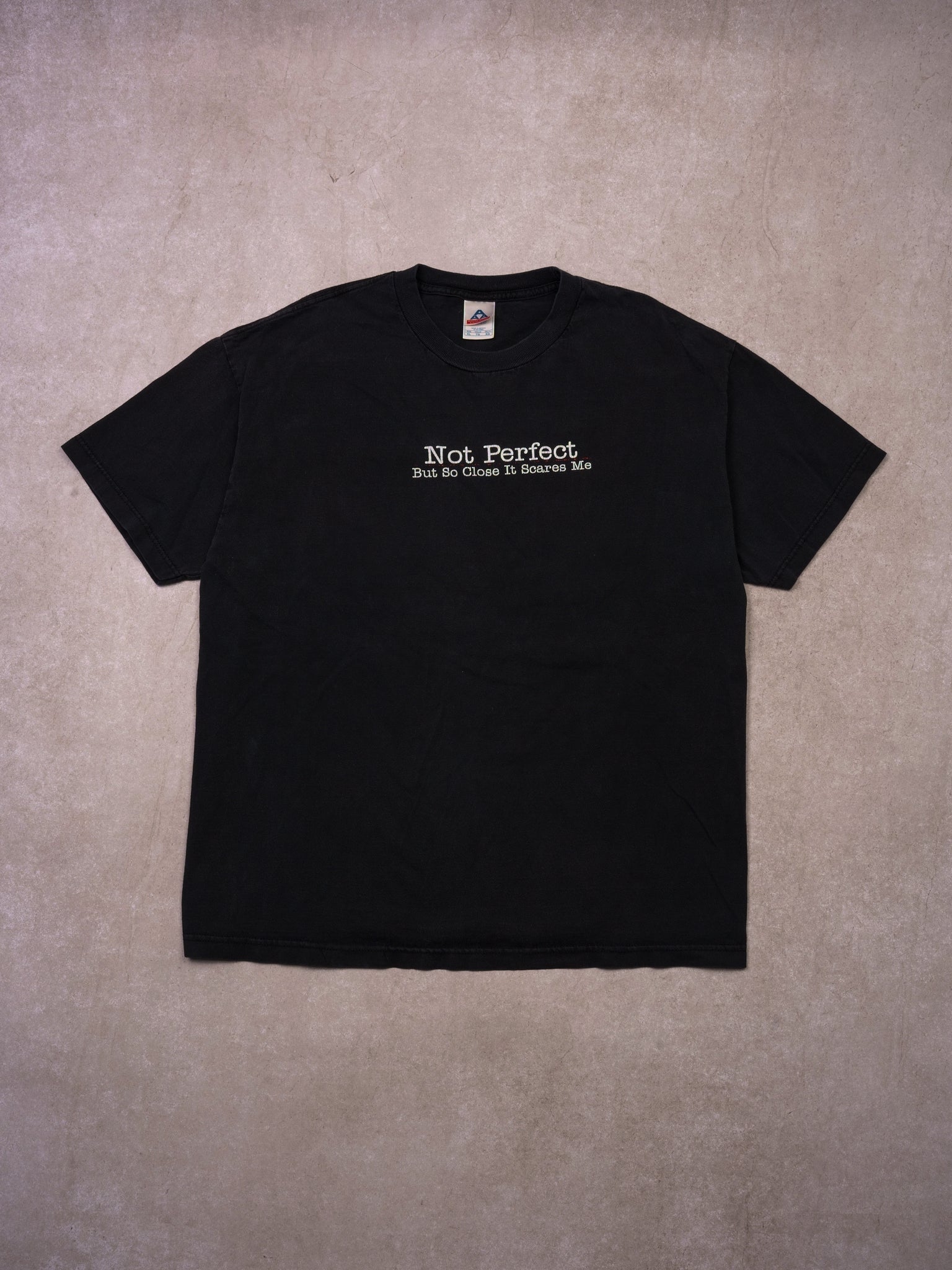 Vintage Y2K Washed Black "Not Perfect But So Close It Scares Me" Tee (L)
