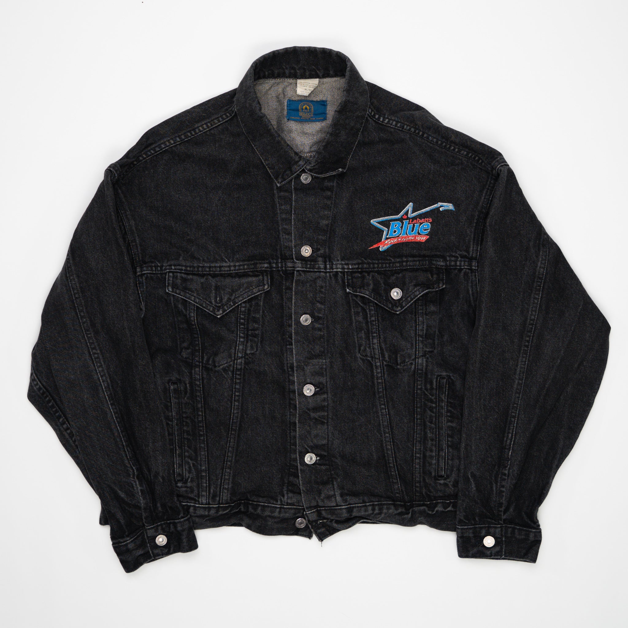 Vintage 90s Black Labatts Blue 'Rocks With You' Jean Jacket (L/XL) | Rebalance Vintage.