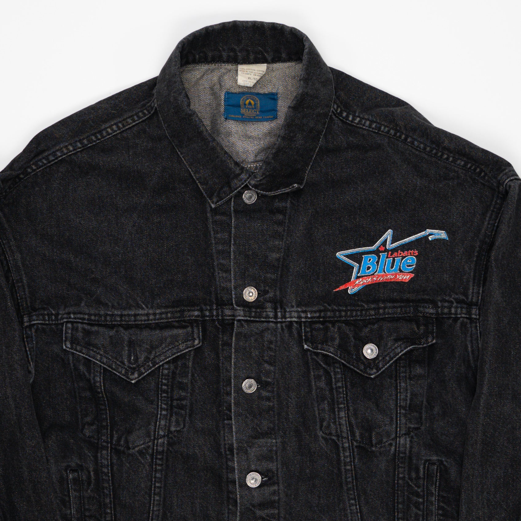 Vintage 90s Black Labatts Blue 'Rocks With You' Jean Jacket (L/XL) | Rebalance Vintage.