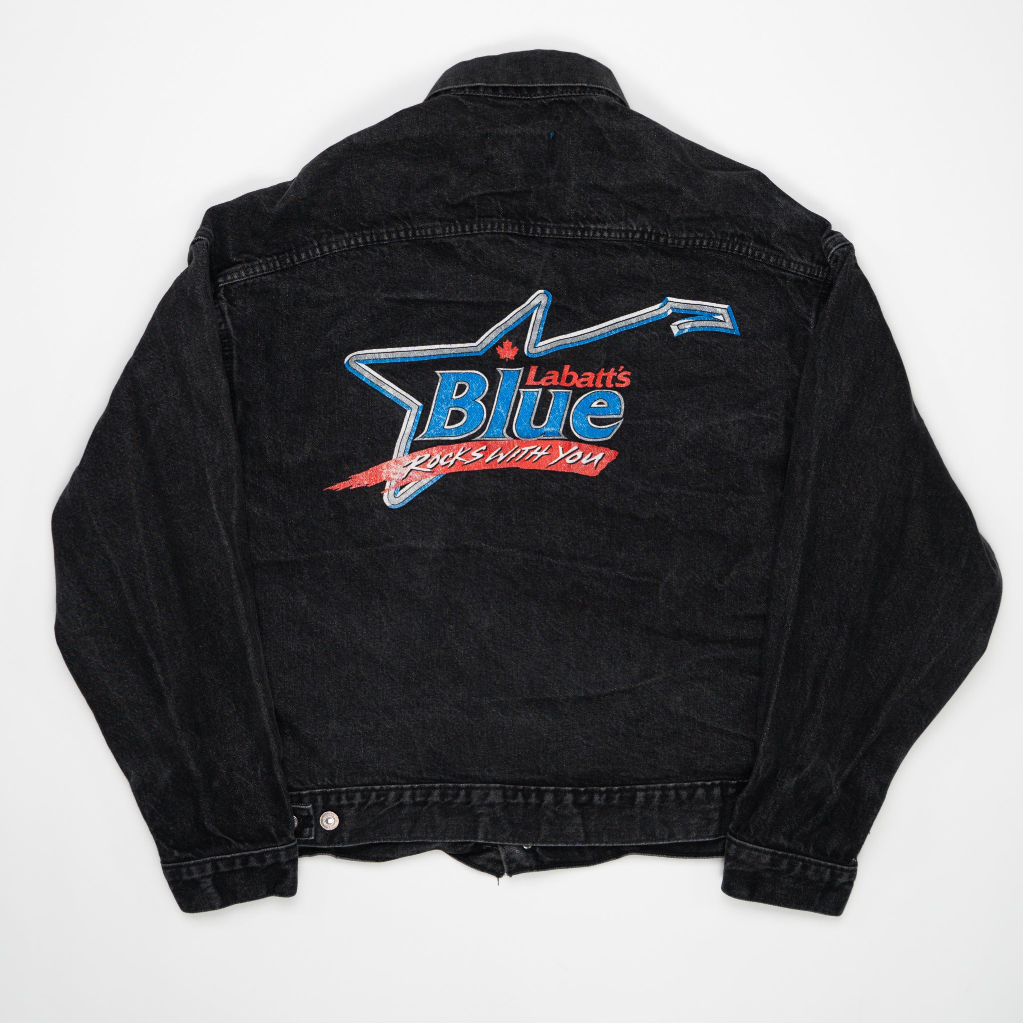 Vintage 90s Black Labatts Blue 'Rocks With You' Jean Jacket (L/XL) | Rebalance Vintage.