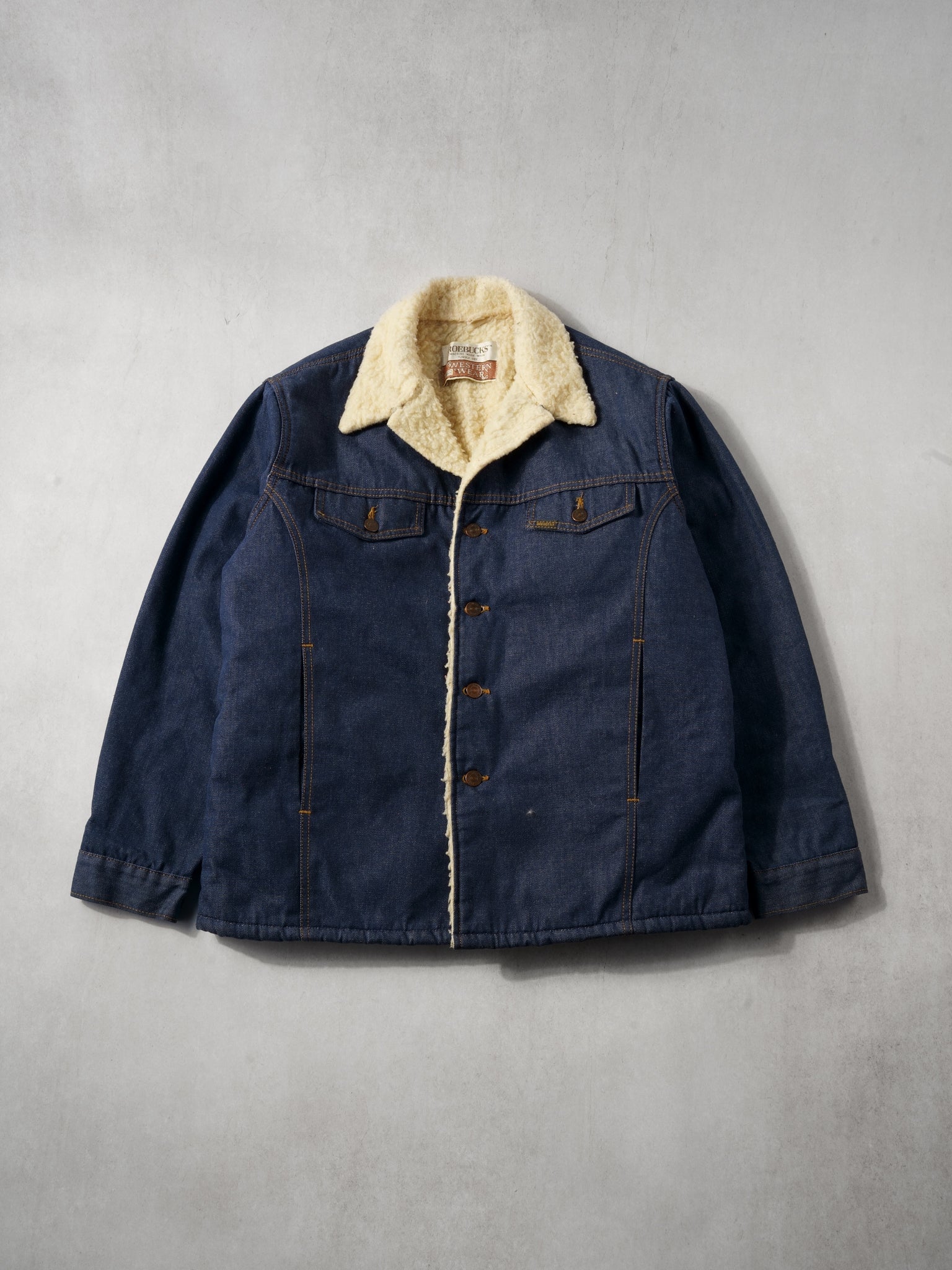 Vintage 70s Dark Blue Denim Sherpa Lined Jacket (L)