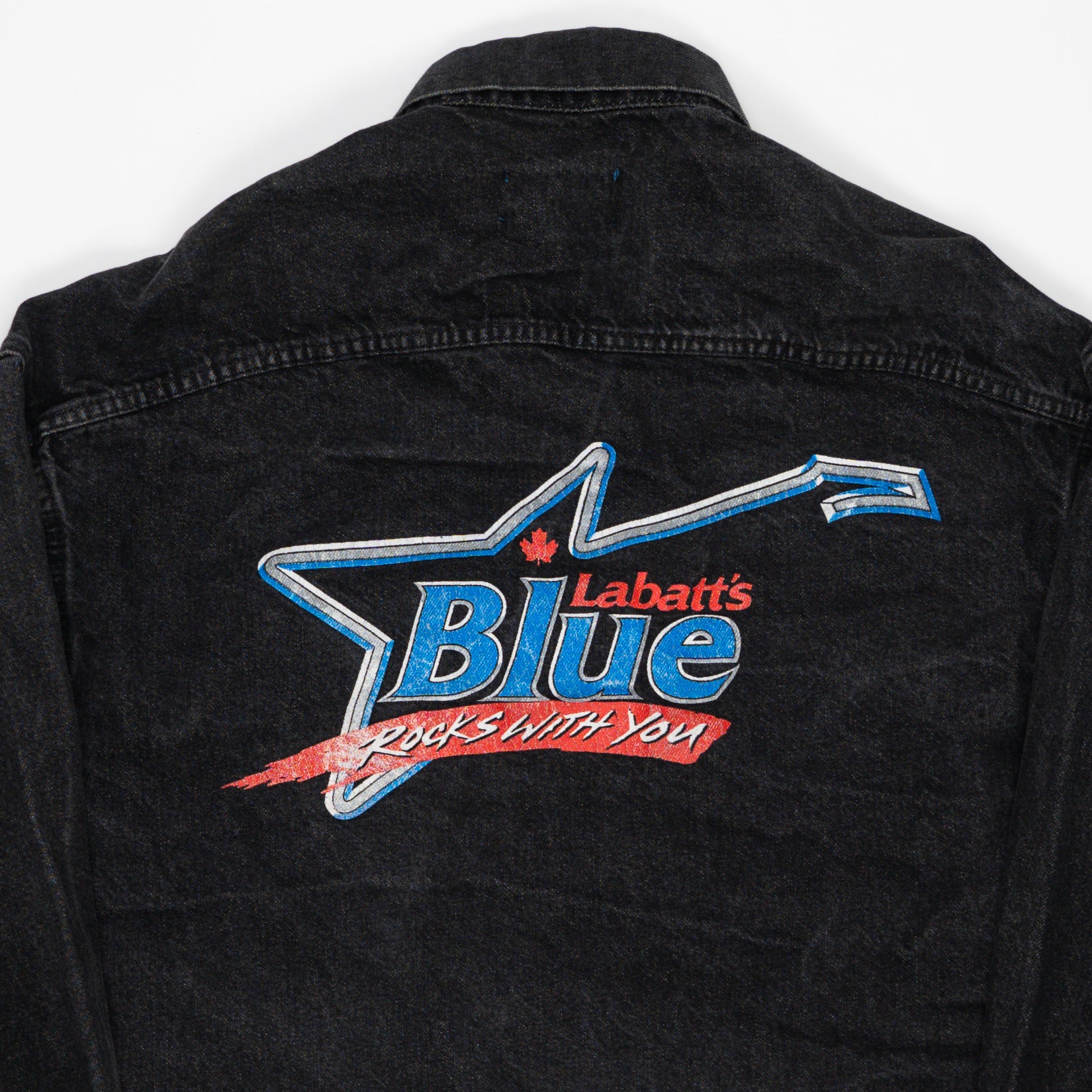 Vintage 90s Black Labatts Blue 'Rocks With You' Jean Jacket (L/XL) | Rebalance Vintage.