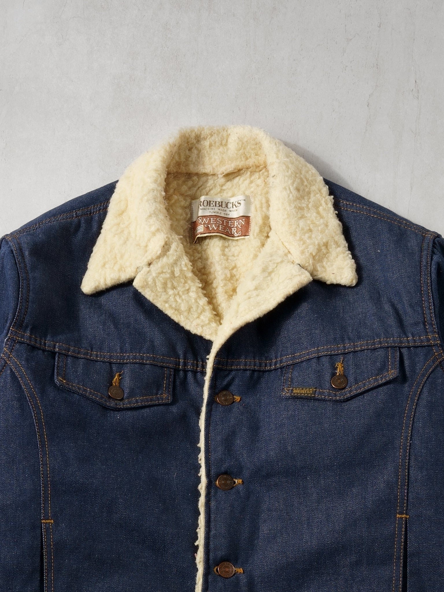 Vintage 70s Dark Blue Denim Sherpa Lined Jacket (L)