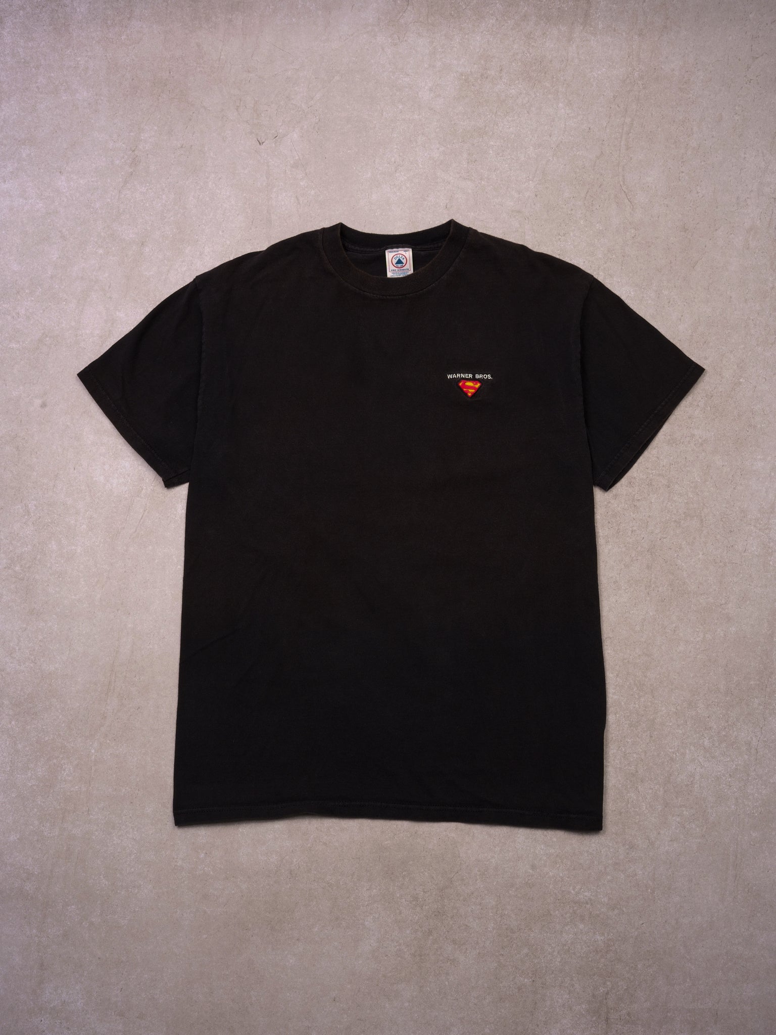 Vintage 90s Washed Black Superman Warner Bros Embroidered Tee (M)