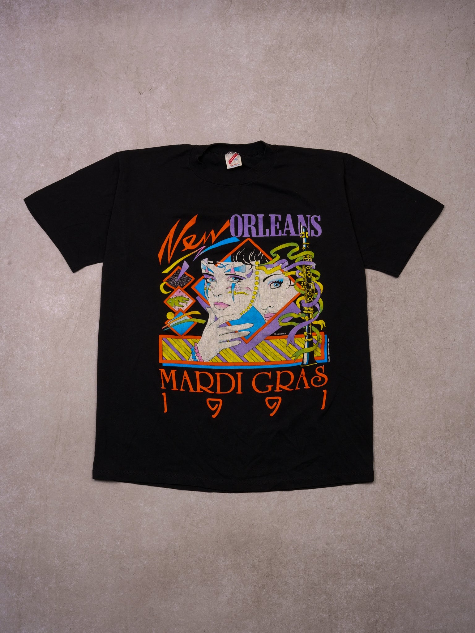 Vintage 91' Washed Black New Orleans Mardi Gras Graphic Tee (L)
