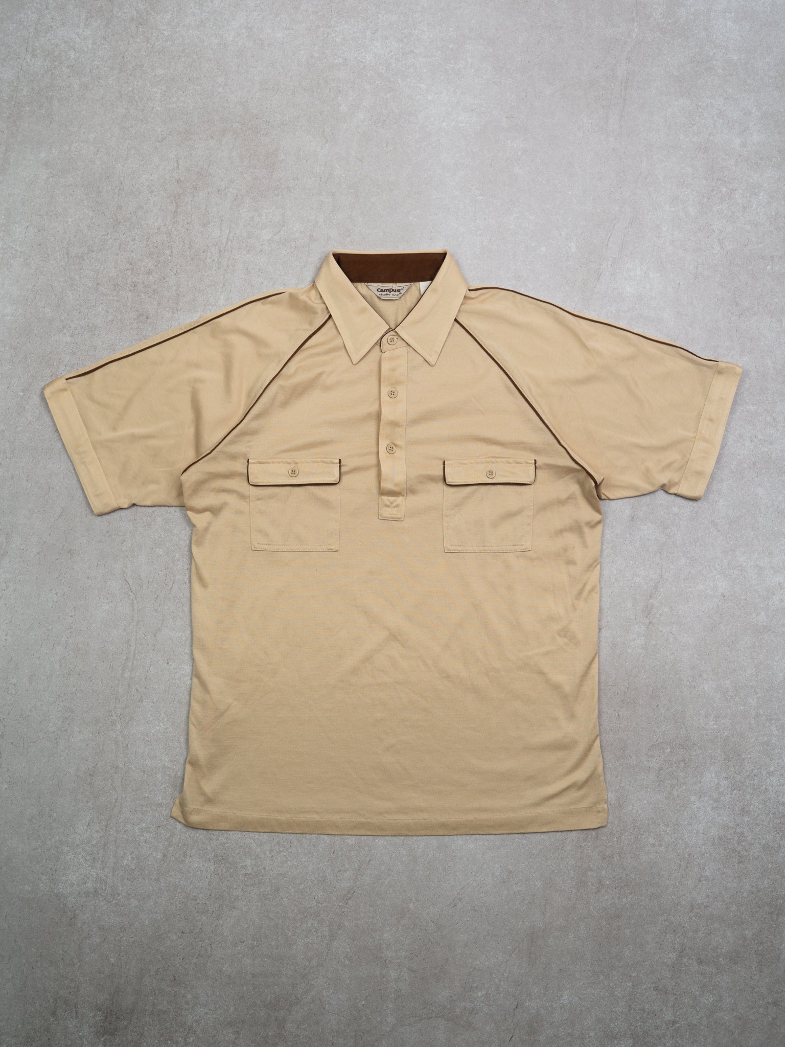 Vintage 70s Beige + Brown Cotton Polo w/ Pockets (M)