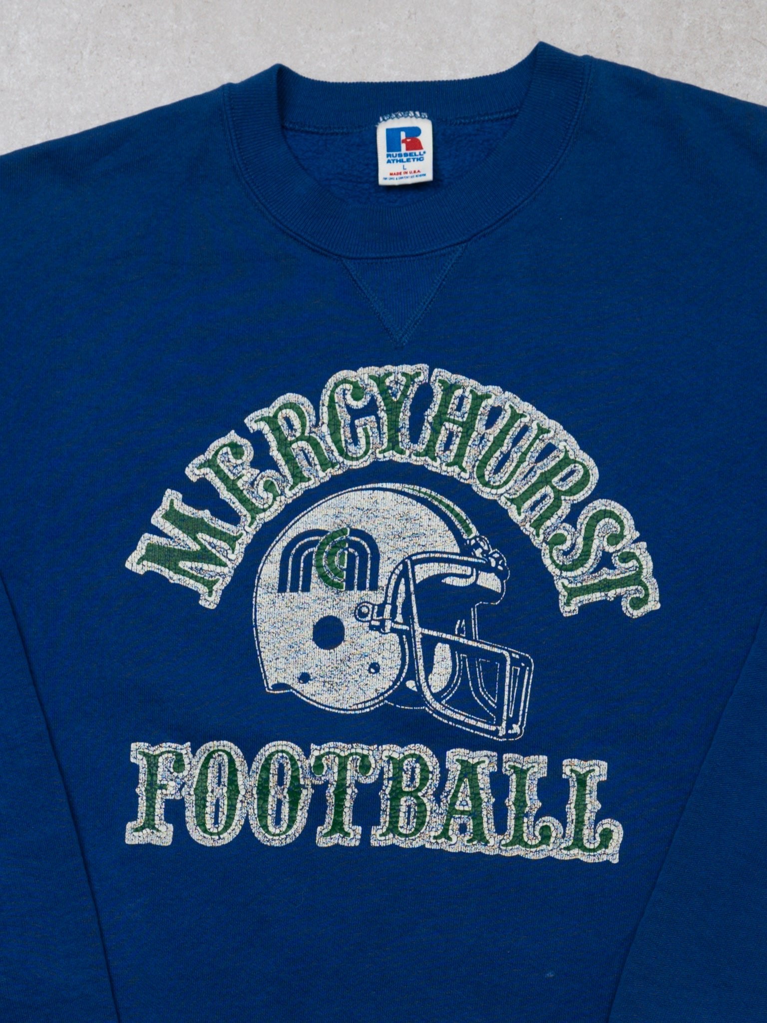 Vintage 90s Blue Mercy Hurst Football x Russell Crewneck