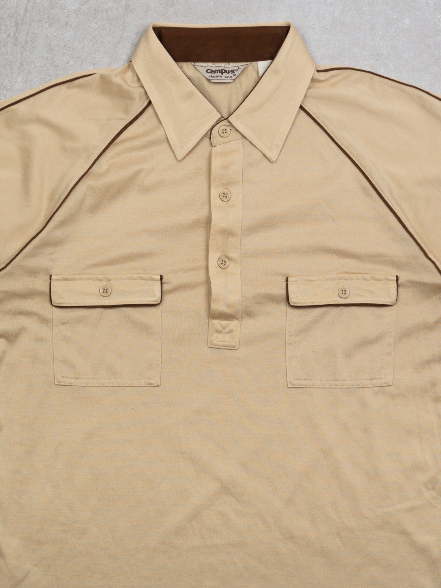 Vintage 70s Beige + Brown Cotton Polo w/ Pockets (M)