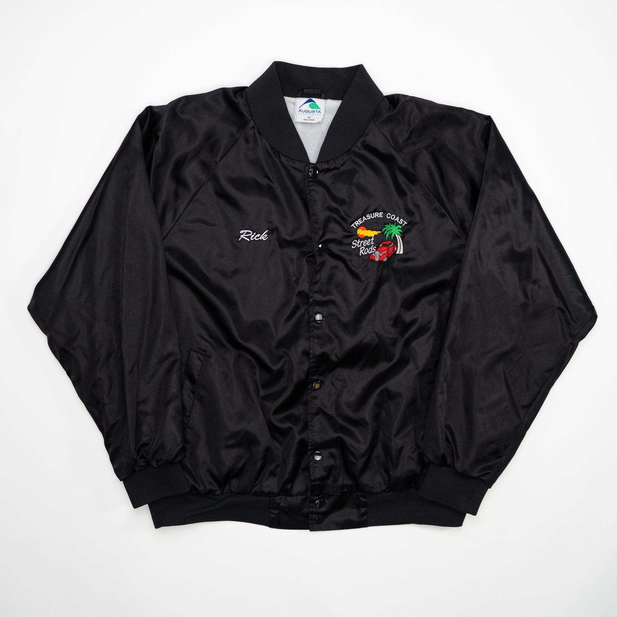 Vintage Black Treasure Coast Satin Bomber Jacket (L/XL) | Rebalance Vintage.