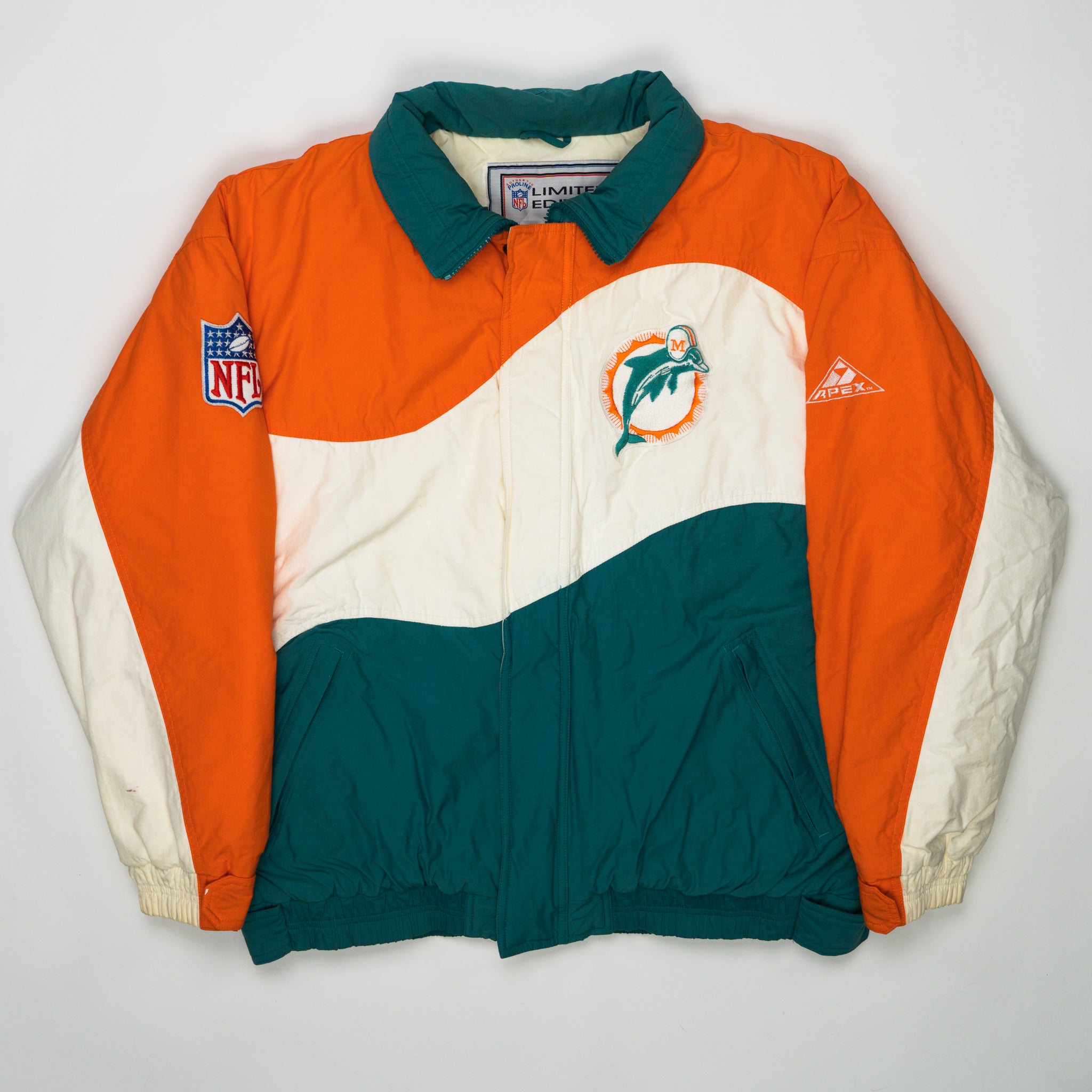 Vintage 90s Miami Dolphins Apex One NFL Bomber Jacket (L/XL) | Rebalance Vintage.