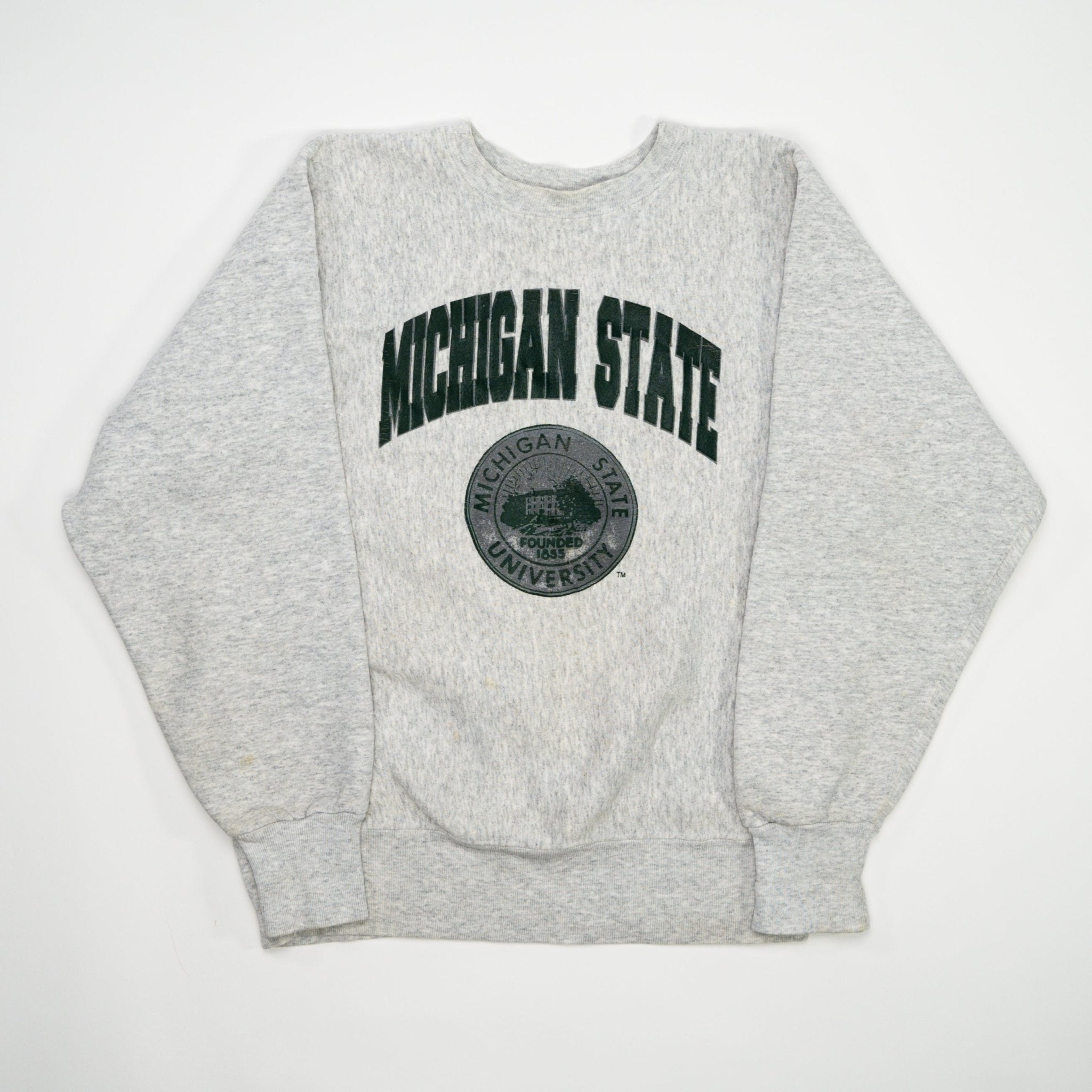 Vintage Grey + Green Michigan State Spell Out Crewneck (S/M) | Rebalance Vintage.