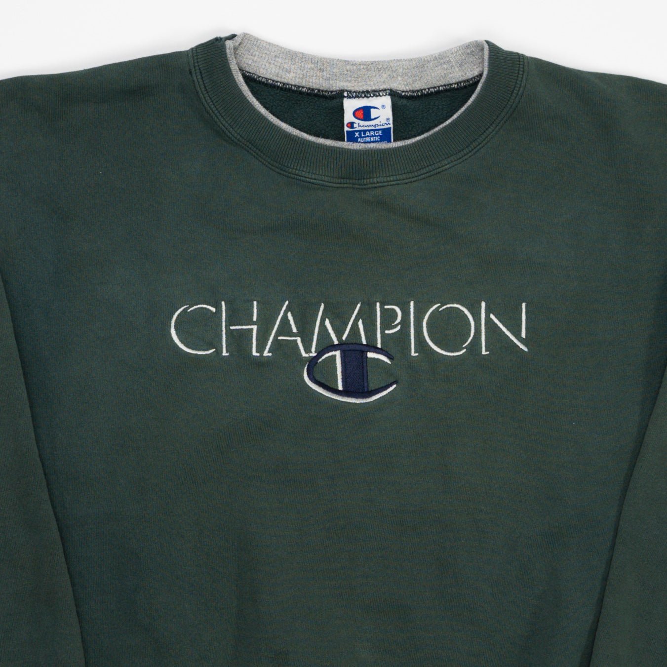 Vintage 90s Washed Green Champion Spell Out Crewneck (L) | Rebalance Vintage.