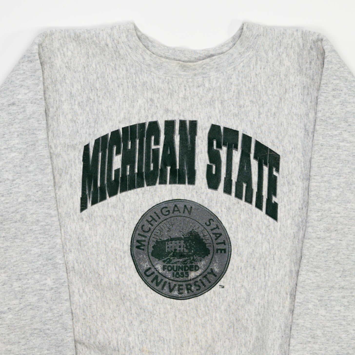 Vintage Grey + Green Michigan State Spell Out Crewneck (S/M) | Rebalance Vintage.