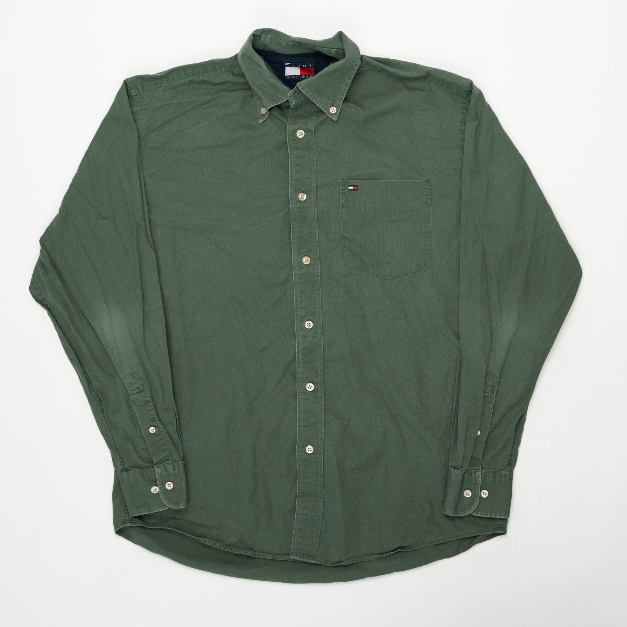 Vintage 90s Moss Green Tommy Hilfiger Button Up (S/M) | Rebalance Vintage.