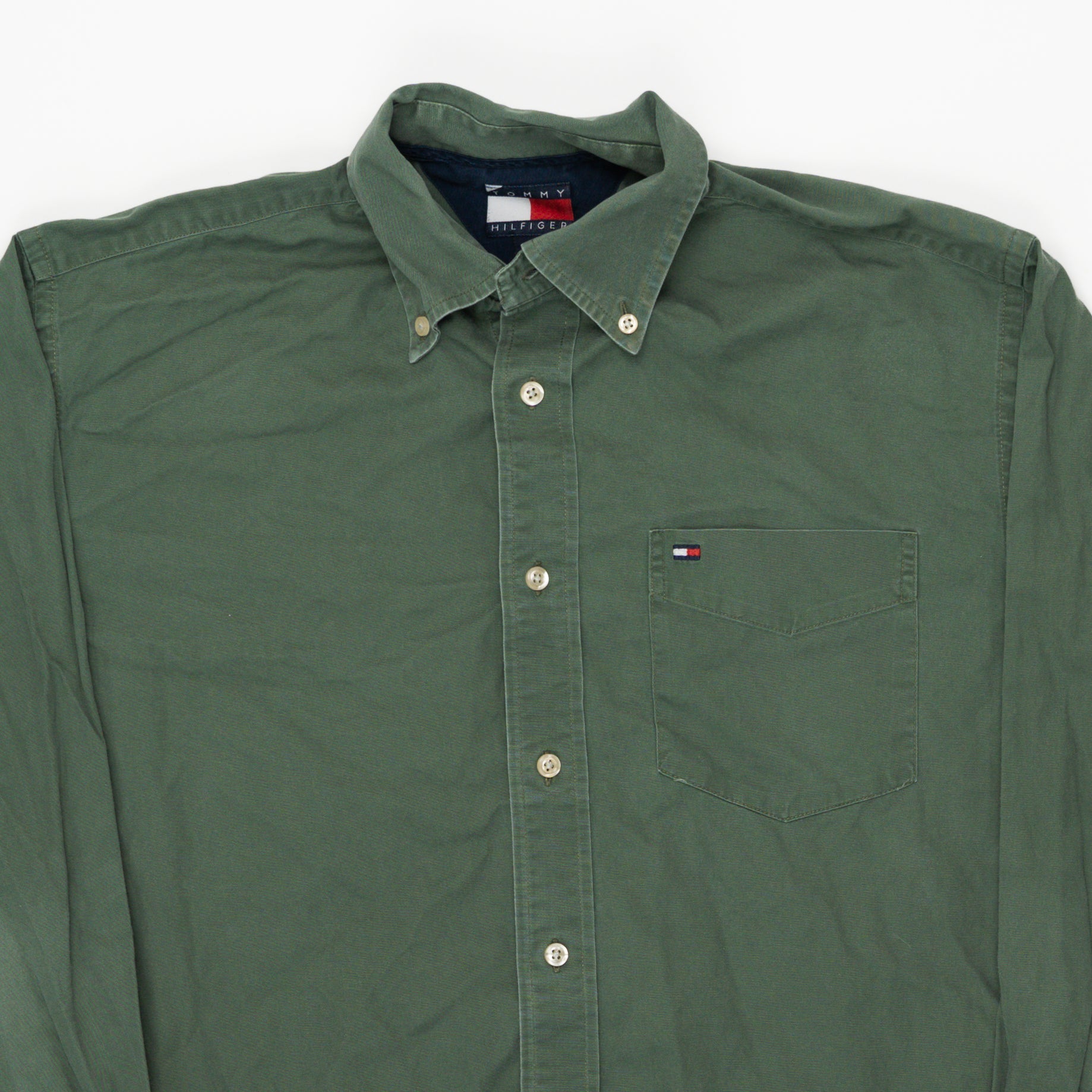 Vintage 90s Moss Green Tommy Hilfiger Button Up (S/M) | Rebalance Vintage.