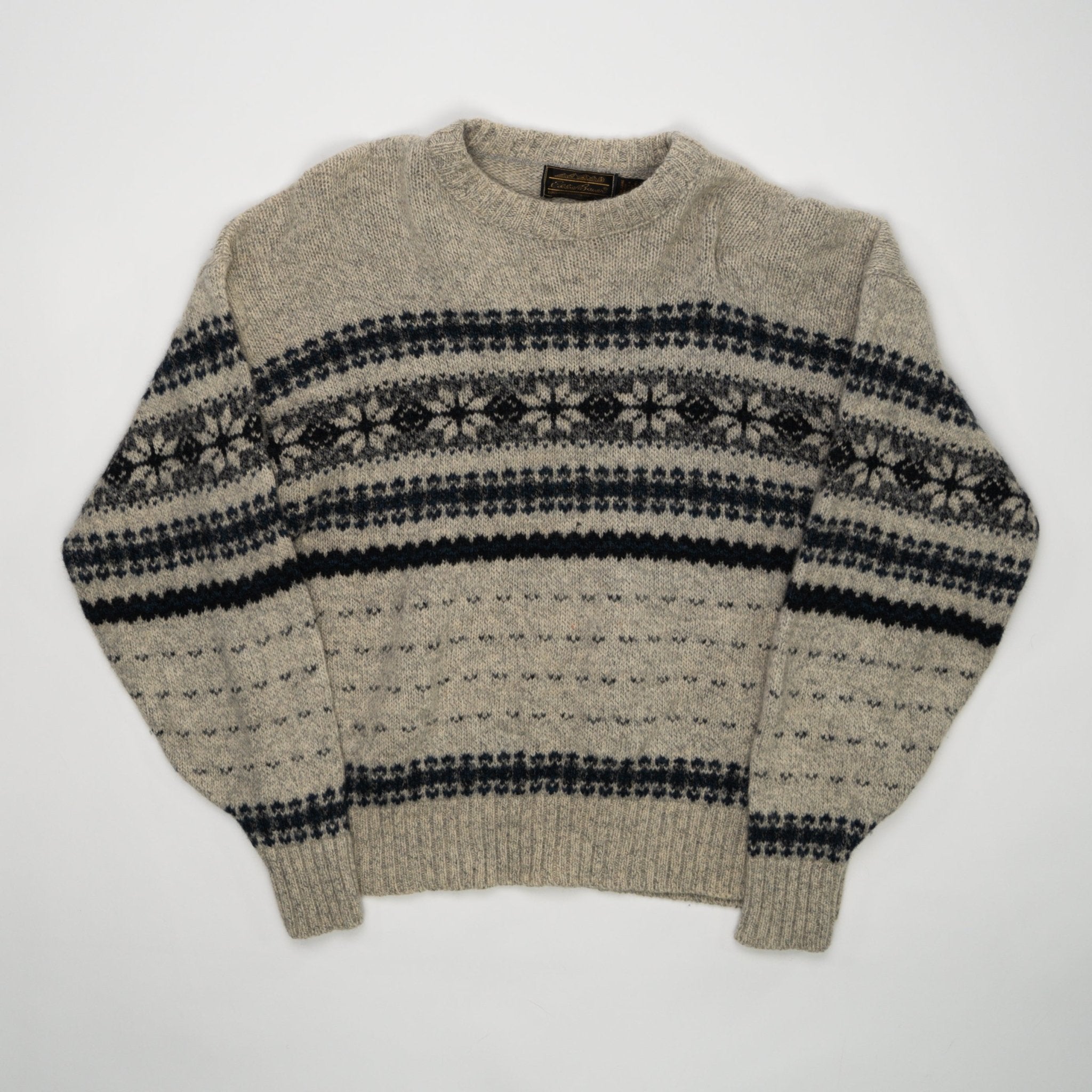 Vintage Beige + Black Eddie Bauer Patterned Knit Sweater (M) | Rebalance Vintage.