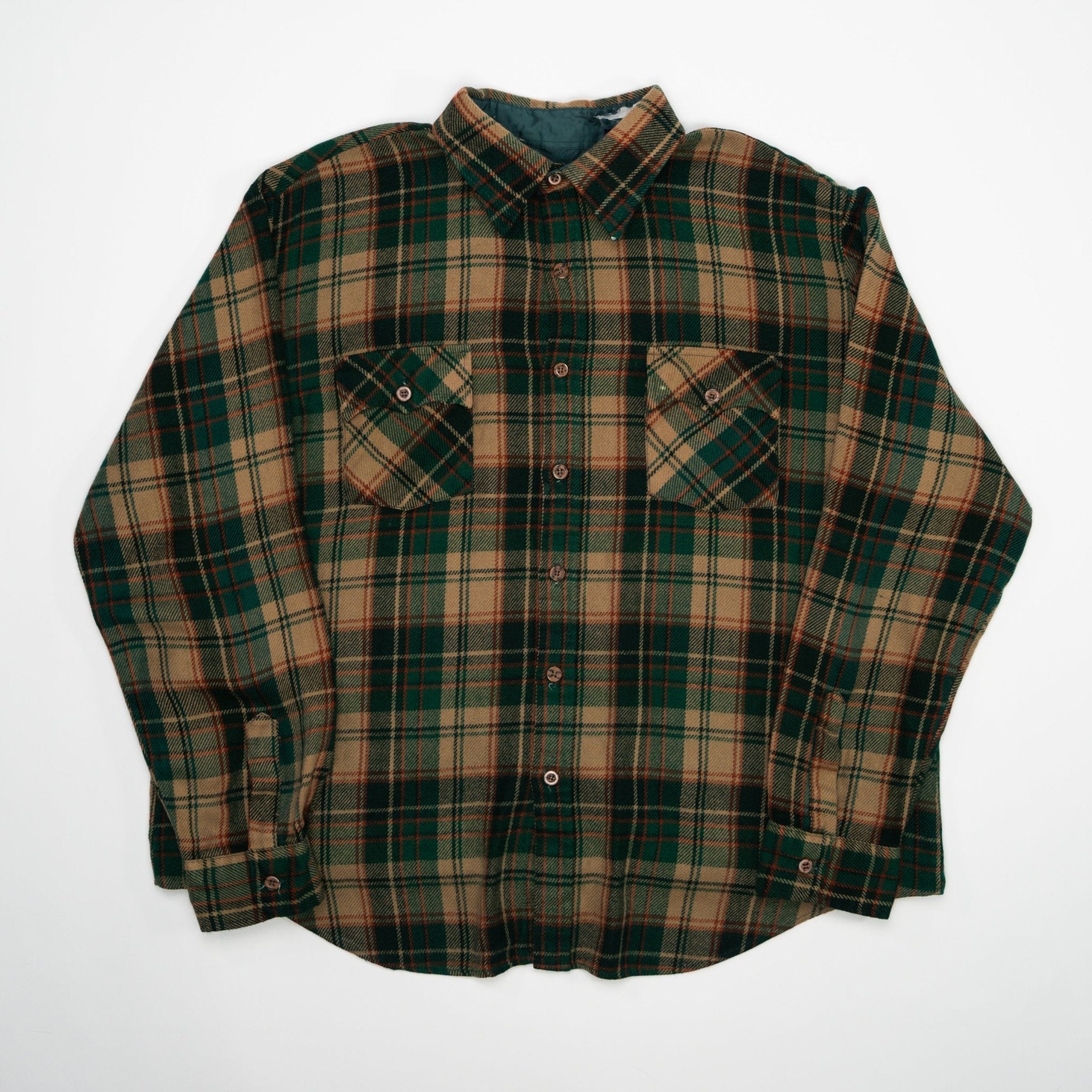 Vintage 80s J C Penny Green + Beige Wool Plaid Button Up (XL) | Rebalance Vintage.