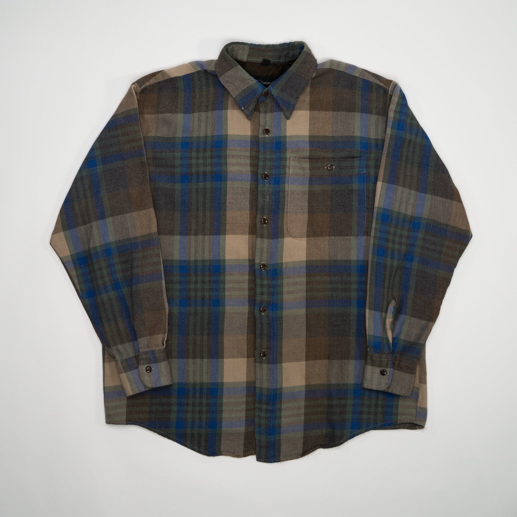 Vintage 80s Brown + Blue Wool Plaid Button Up (L) | Rebalance Vintage.
