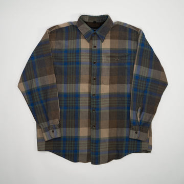 Vintage 80s Brown + Blue Wool Plaid Button Up (L) | Rebalance Vintage.