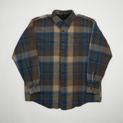 Vintage 80s Brown + Blue Wool Plaid Button Up (L)