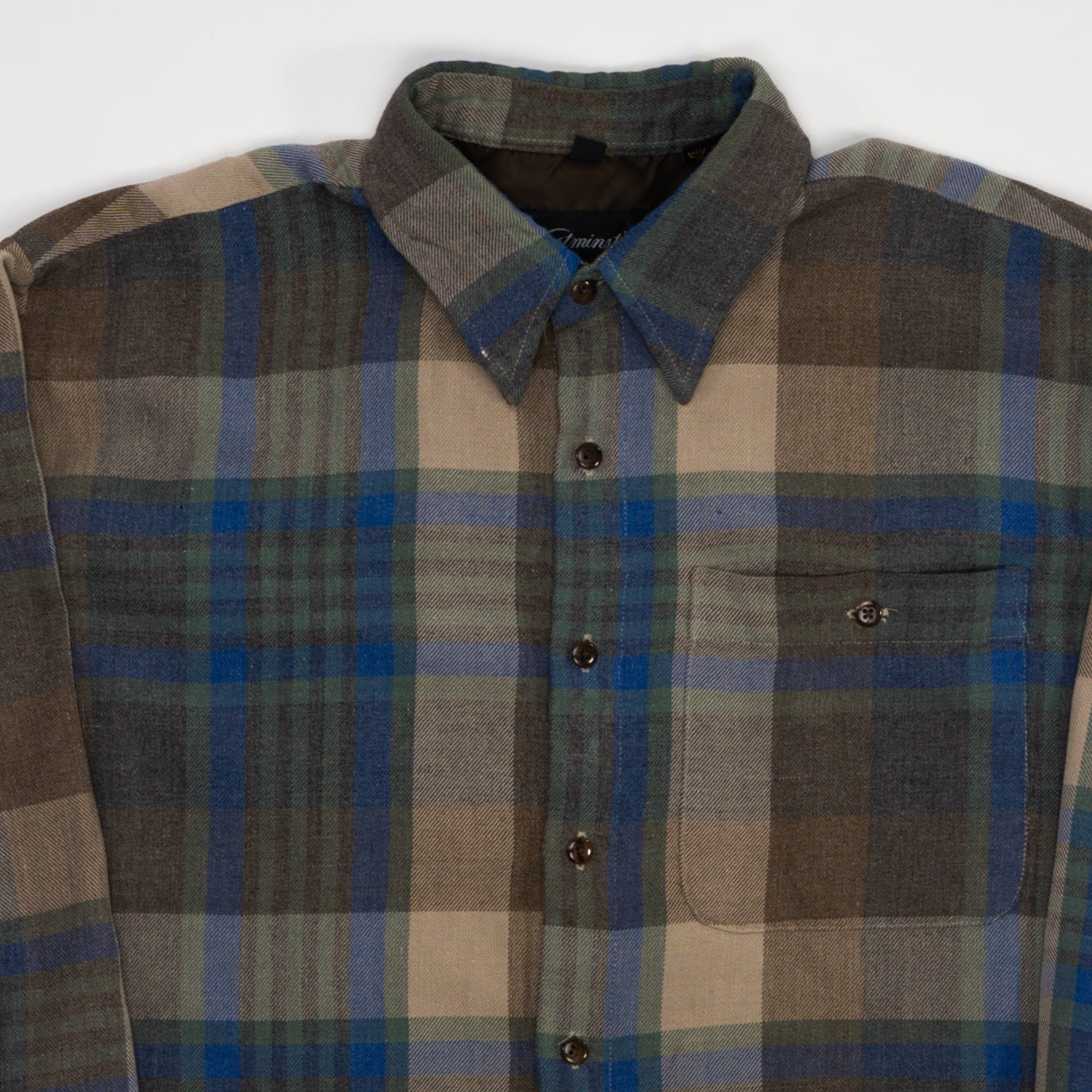 Vintage 80s Brown + Blue Wool Plaid Button Up (L) | Rebalance Vintage.