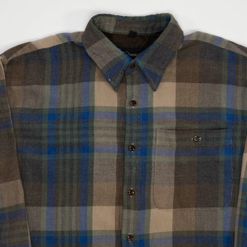 Vintage 80s Brown + Blue Wool Plaid Button Up (L) | Rebalance Vintage.